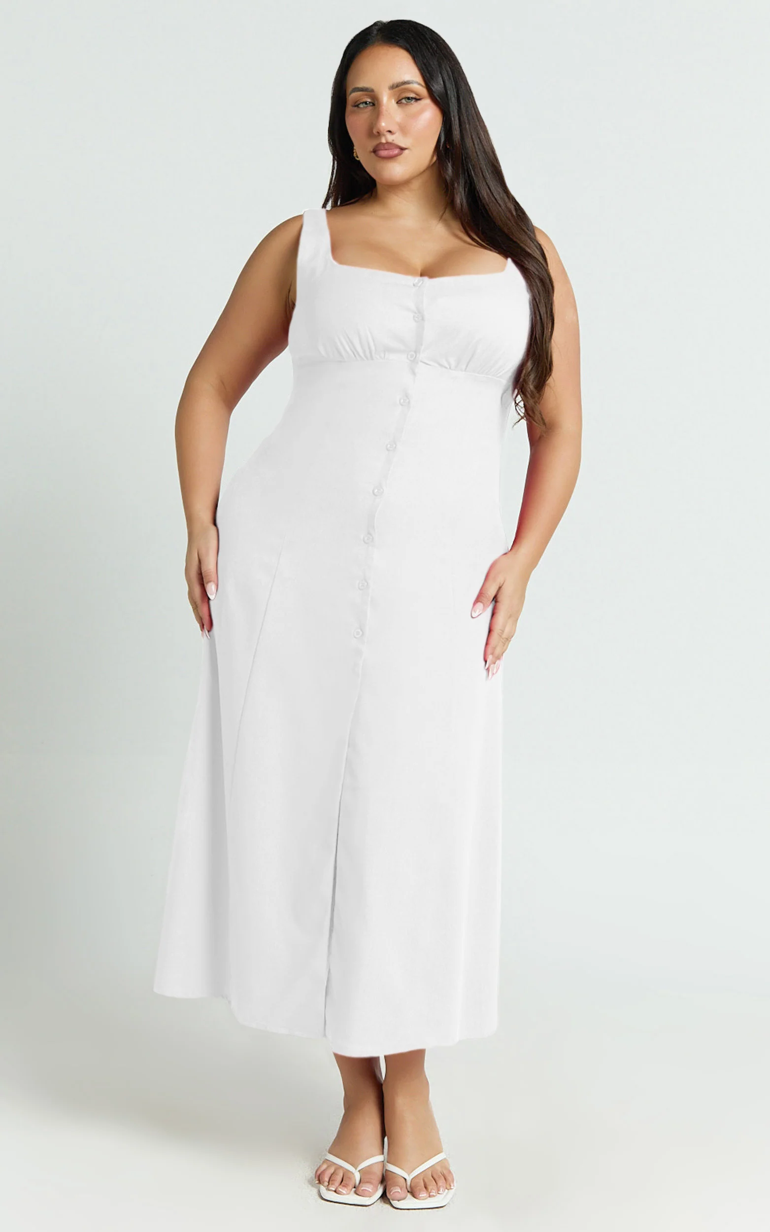 Cameron Midi Dress - Button Front Tie Back Dress in White - Image 4