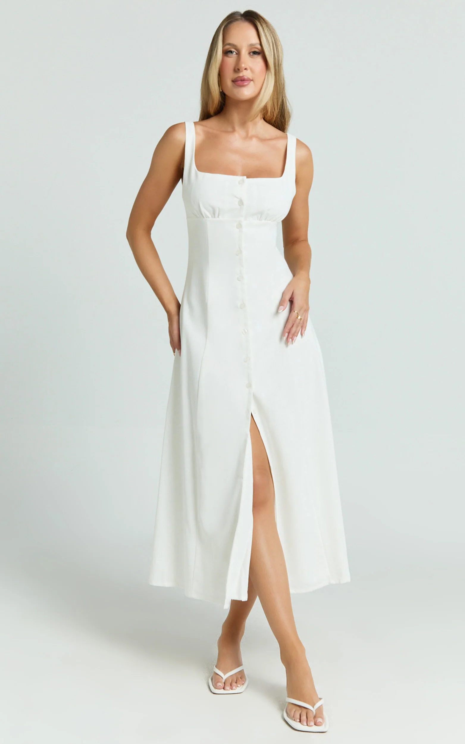 Cameron Midi Dress - Button Front Tie Back Dress in White - Image 5