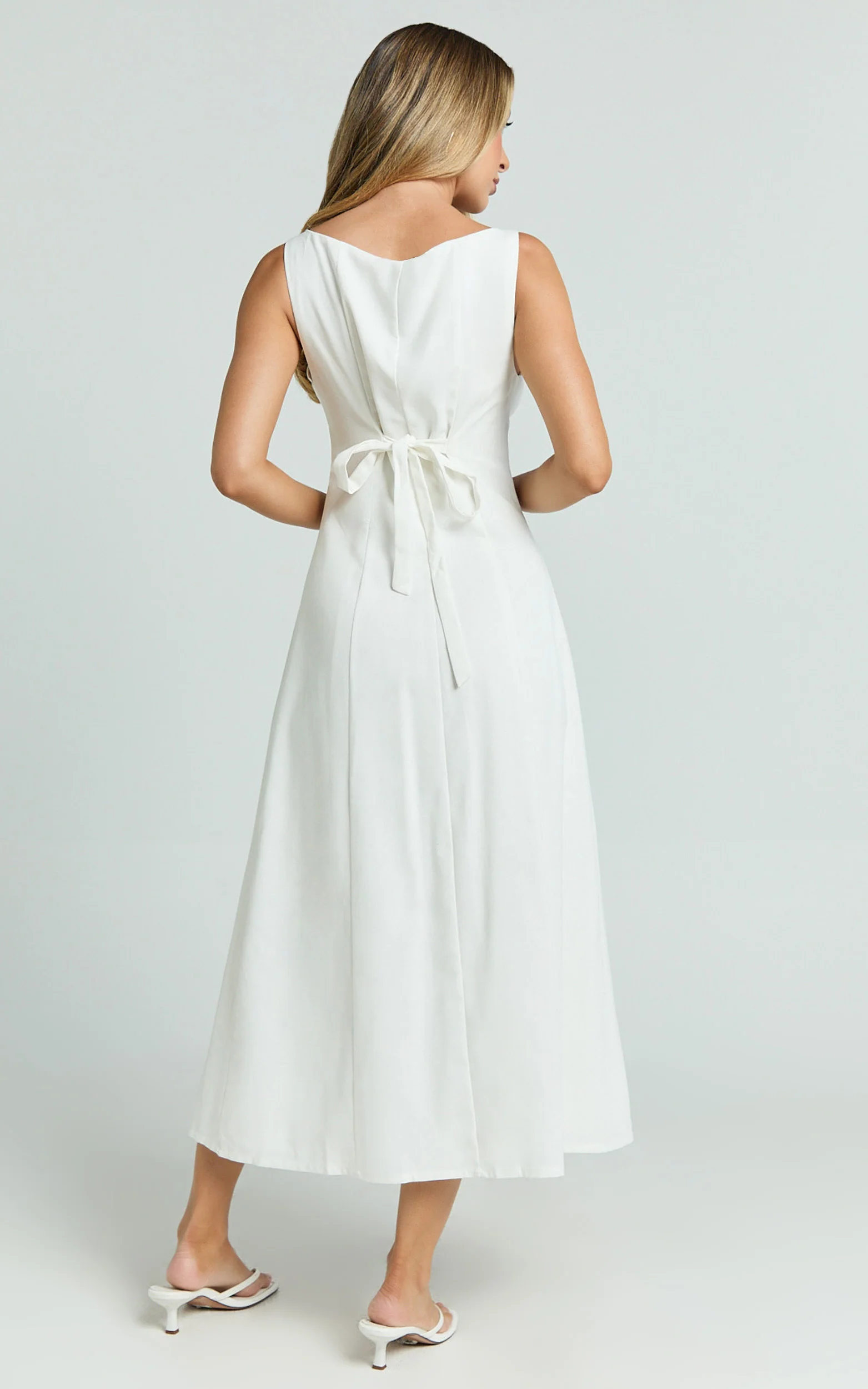 Cameron Midi Dress - Button Front Tie Back Dress in White - Image 7