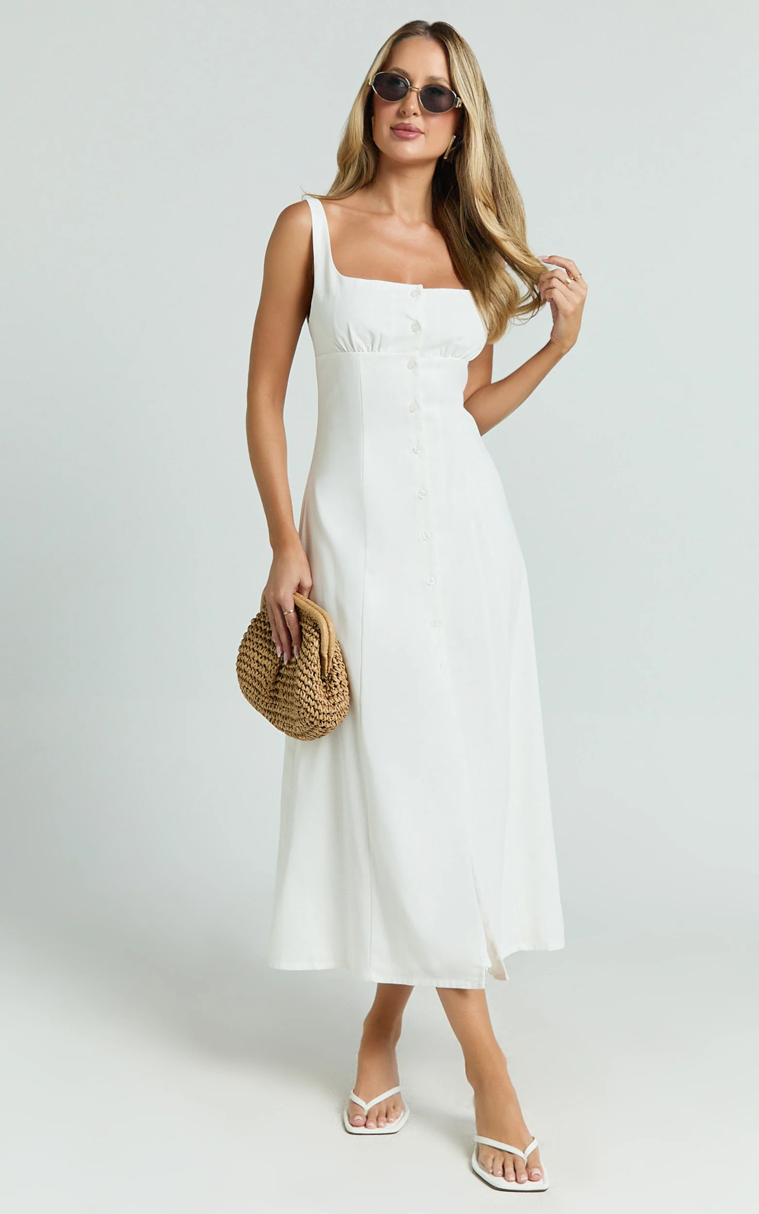 Cameron Midi Dress - Button Front Tie Back Dress in White - Image 9