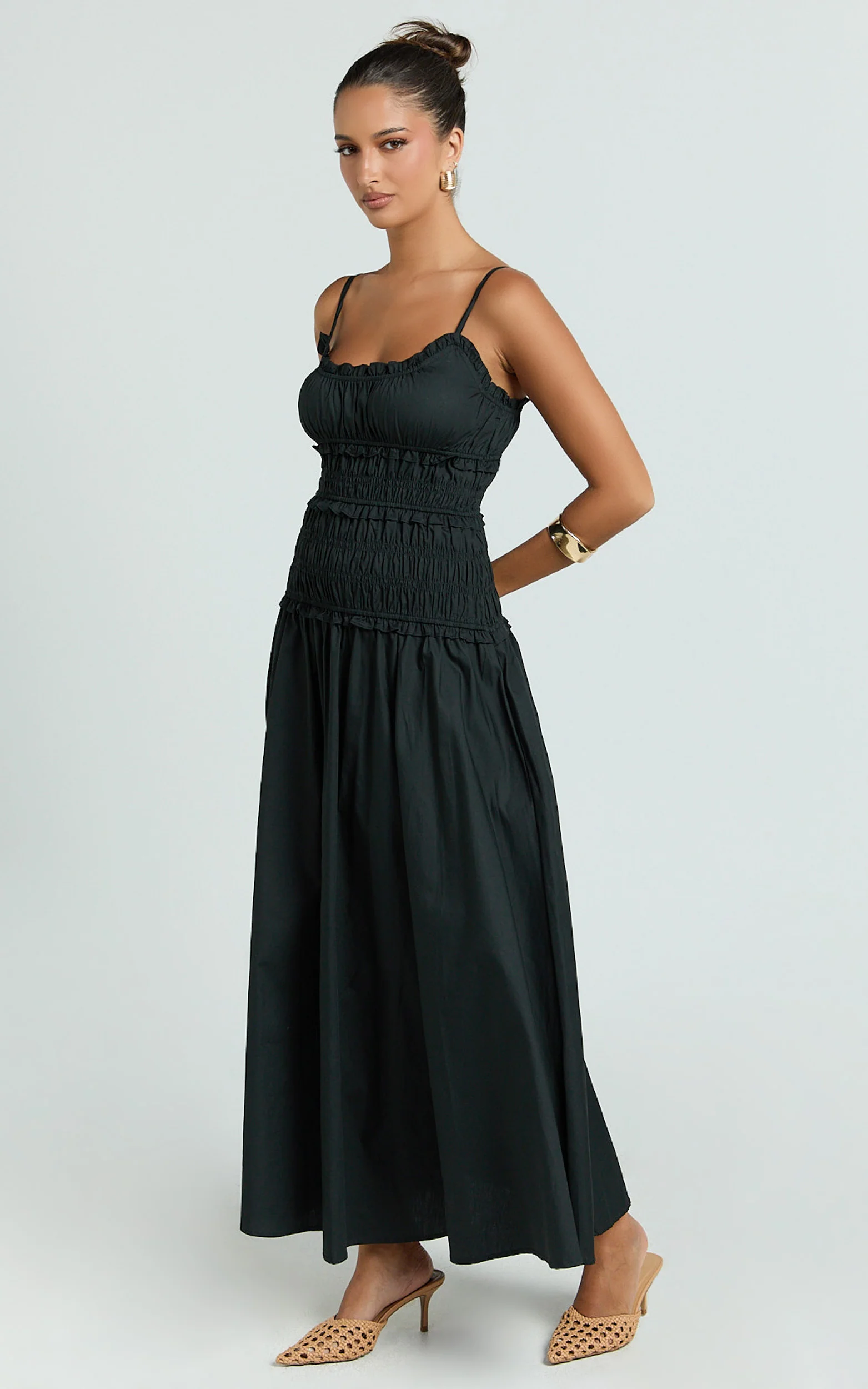 Cami Midi Dress - Rushed Bodice Dress in Black - Image 2