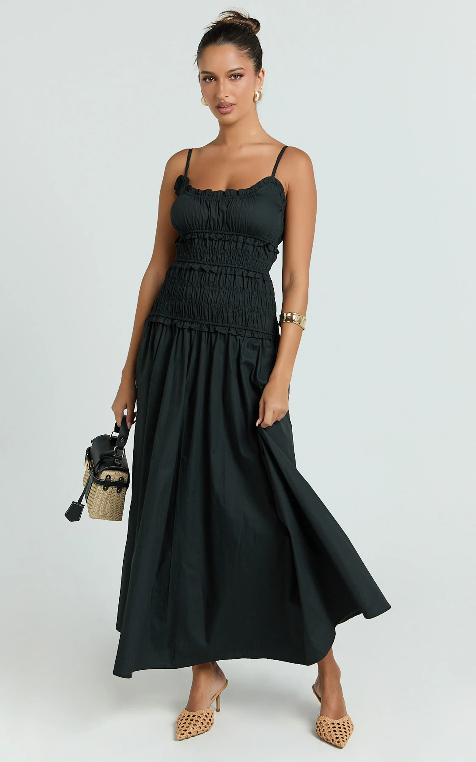 Cami Midi Dress - Rushed Bodice Dress in Black - Image 4