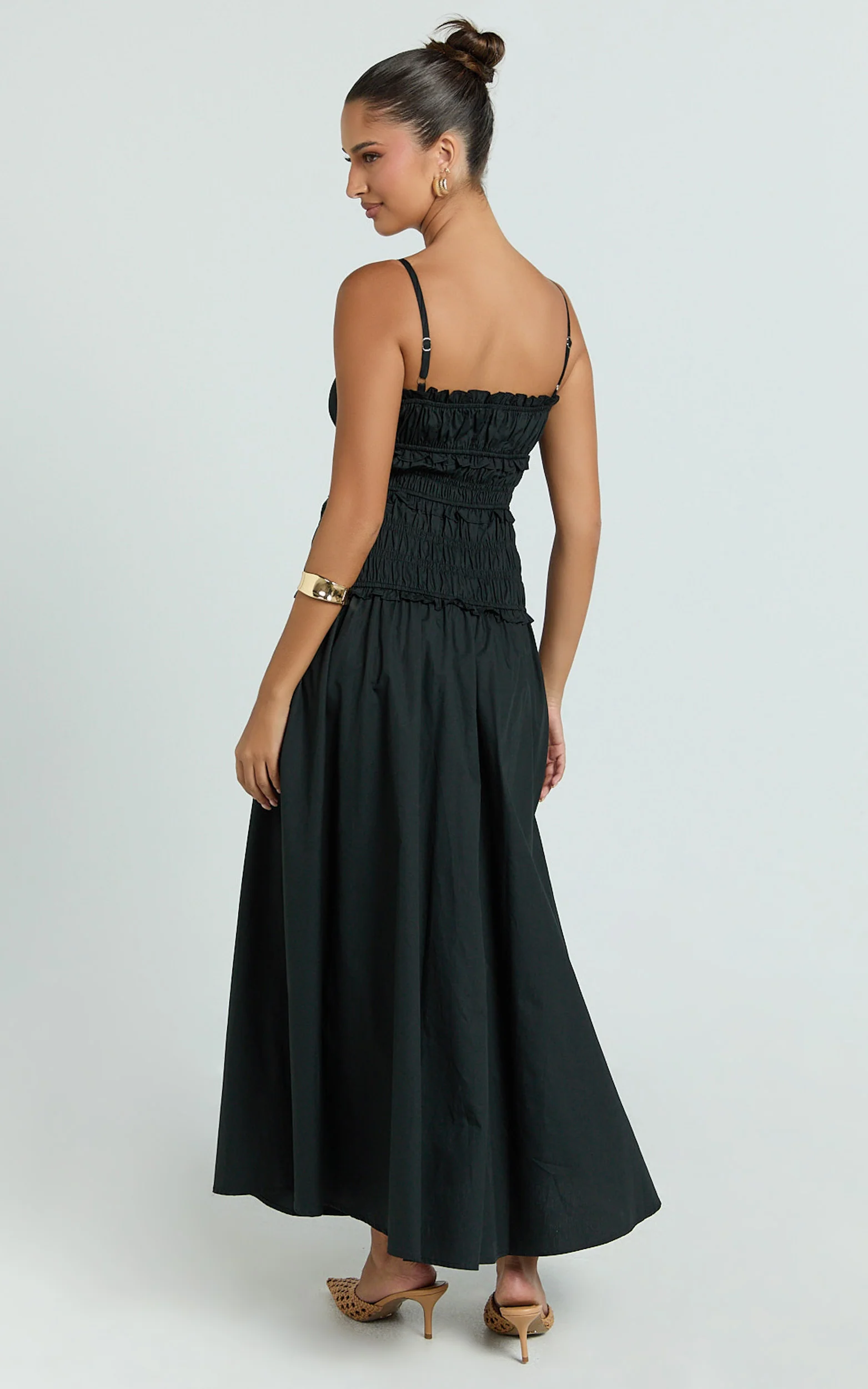 Cami Midi Dress - Rushed Bodice Dress in Black - Image 5