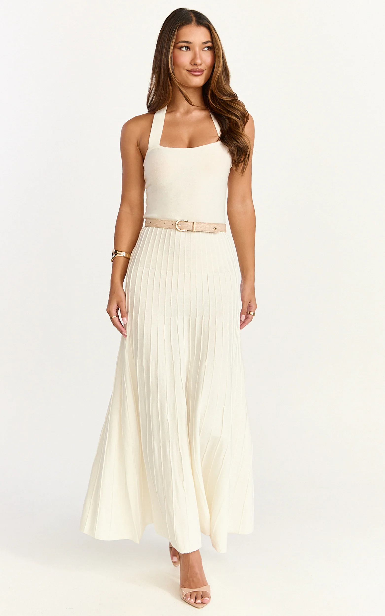 Candace Midi Dress - Halter Neck Ribbed Knit Dress in Cream - Image 3