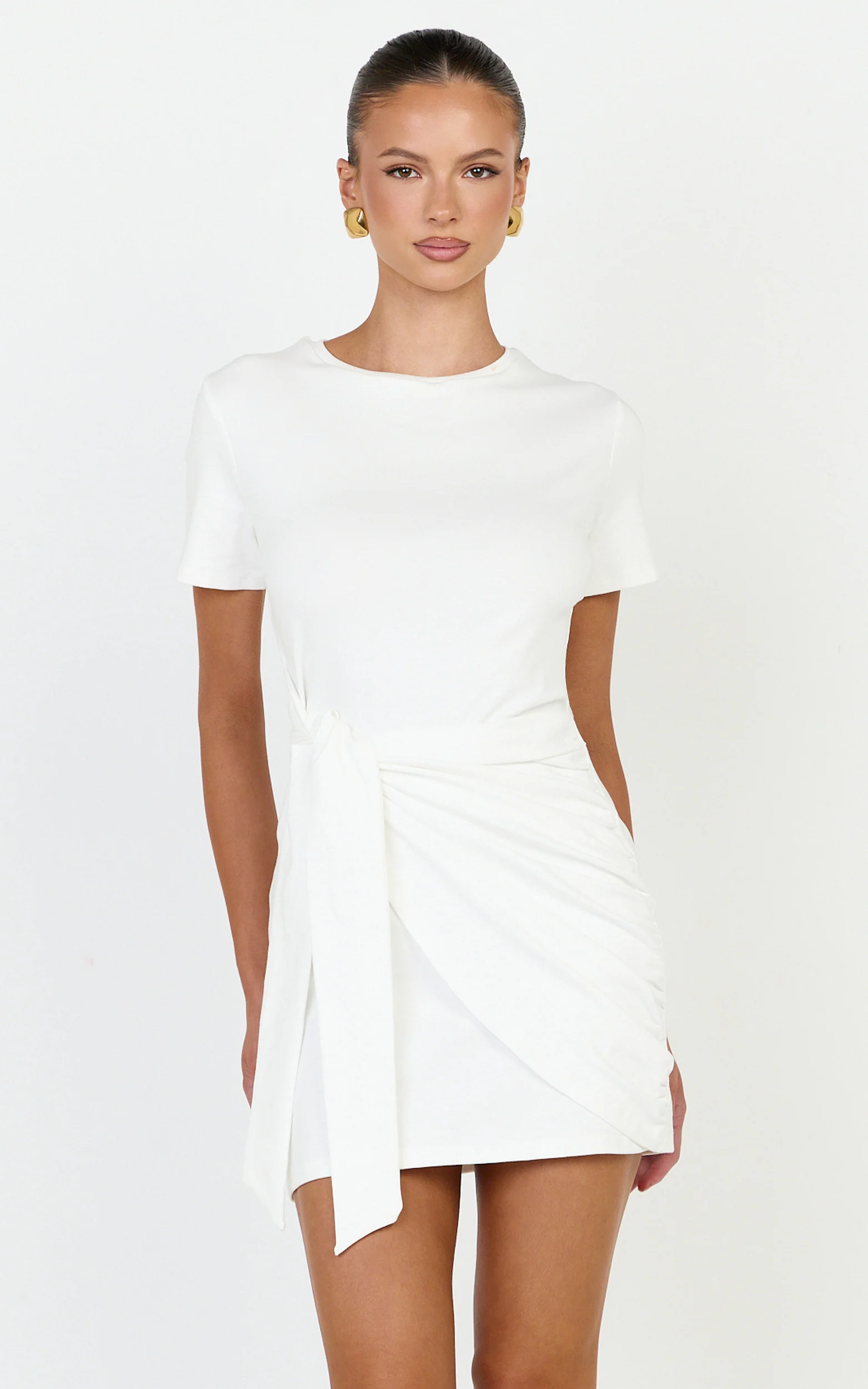 Candace Mini Dress - Faux Wrap Shift Dress in White - Image 3