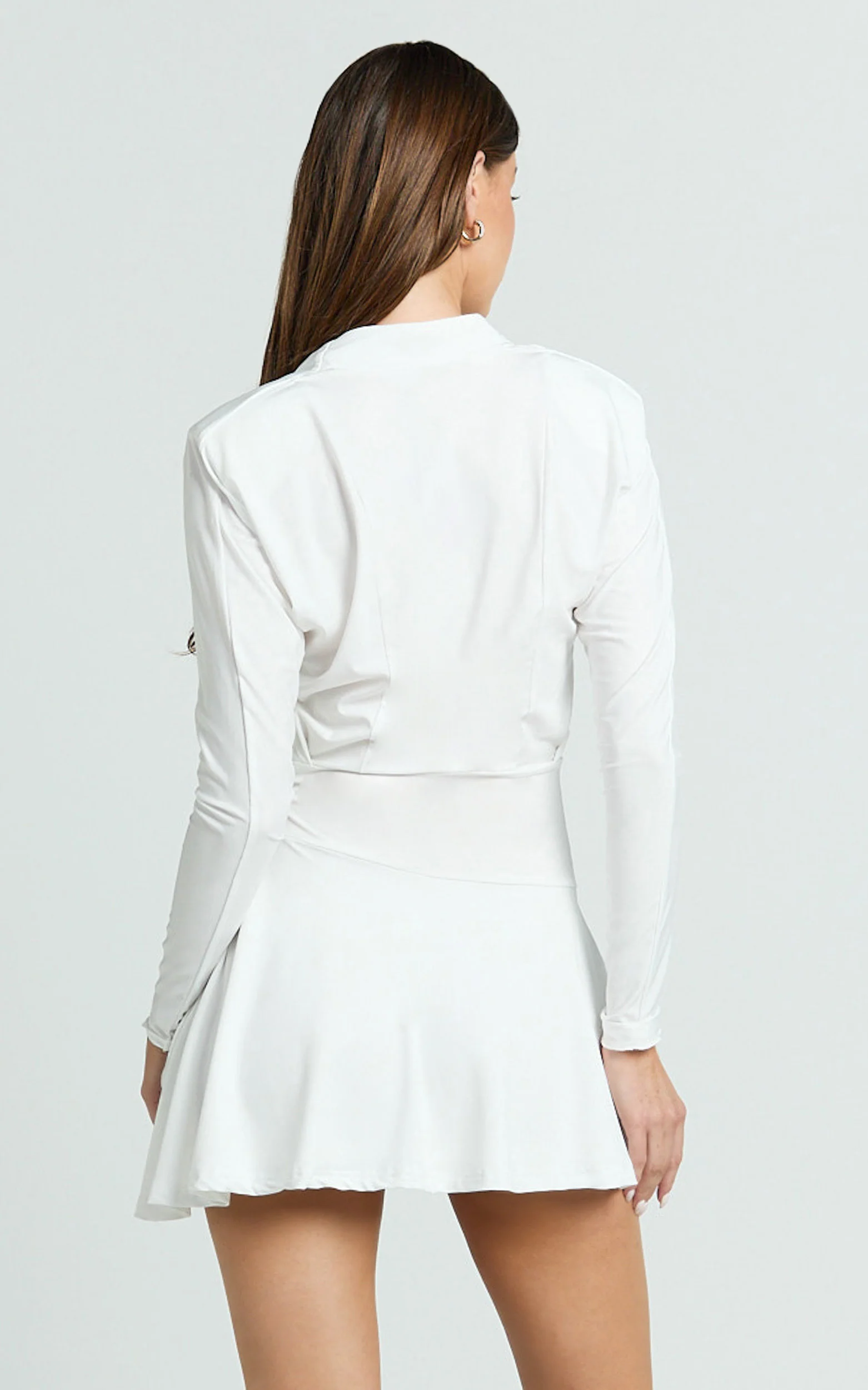 Cannes Mini Dress - Jersey Wrap Hardware Detail Flounce Skirt Dress in Off White - Image 6