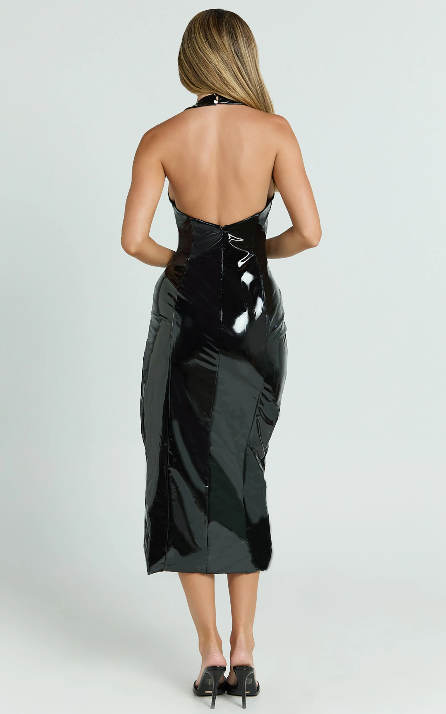 Carey Midi Dress - PU Plunge Halter Low Back High Split Dress in Black - Image 5