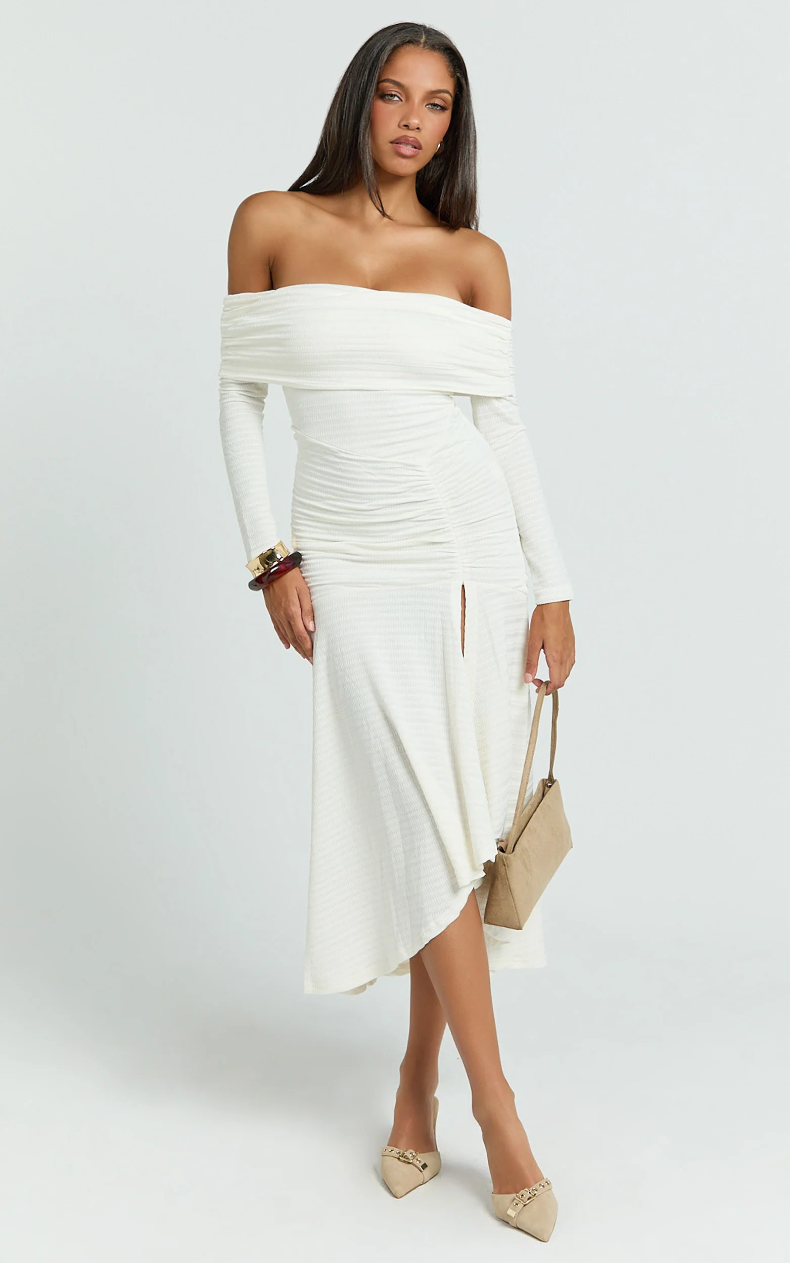 Carissa Midi Dress - Off Shoulder Long Sleeve Flounce Skirt Jersey Dress in Ivory - Image 5