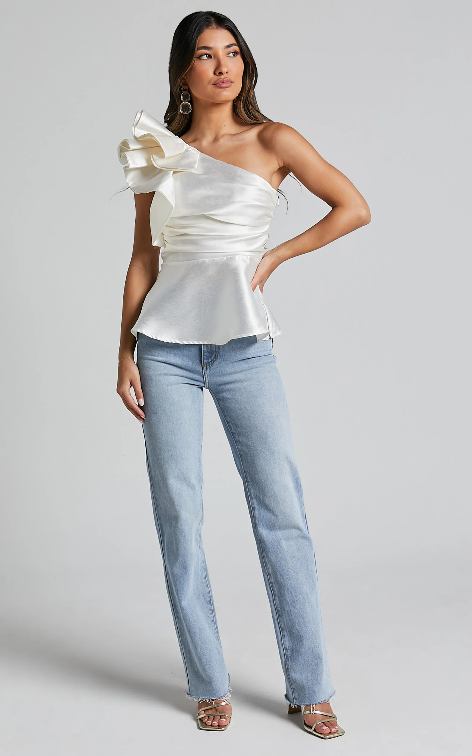 Carizza Top - One Shoulder Flounce Gathered Bodice Top in White - Image 2
