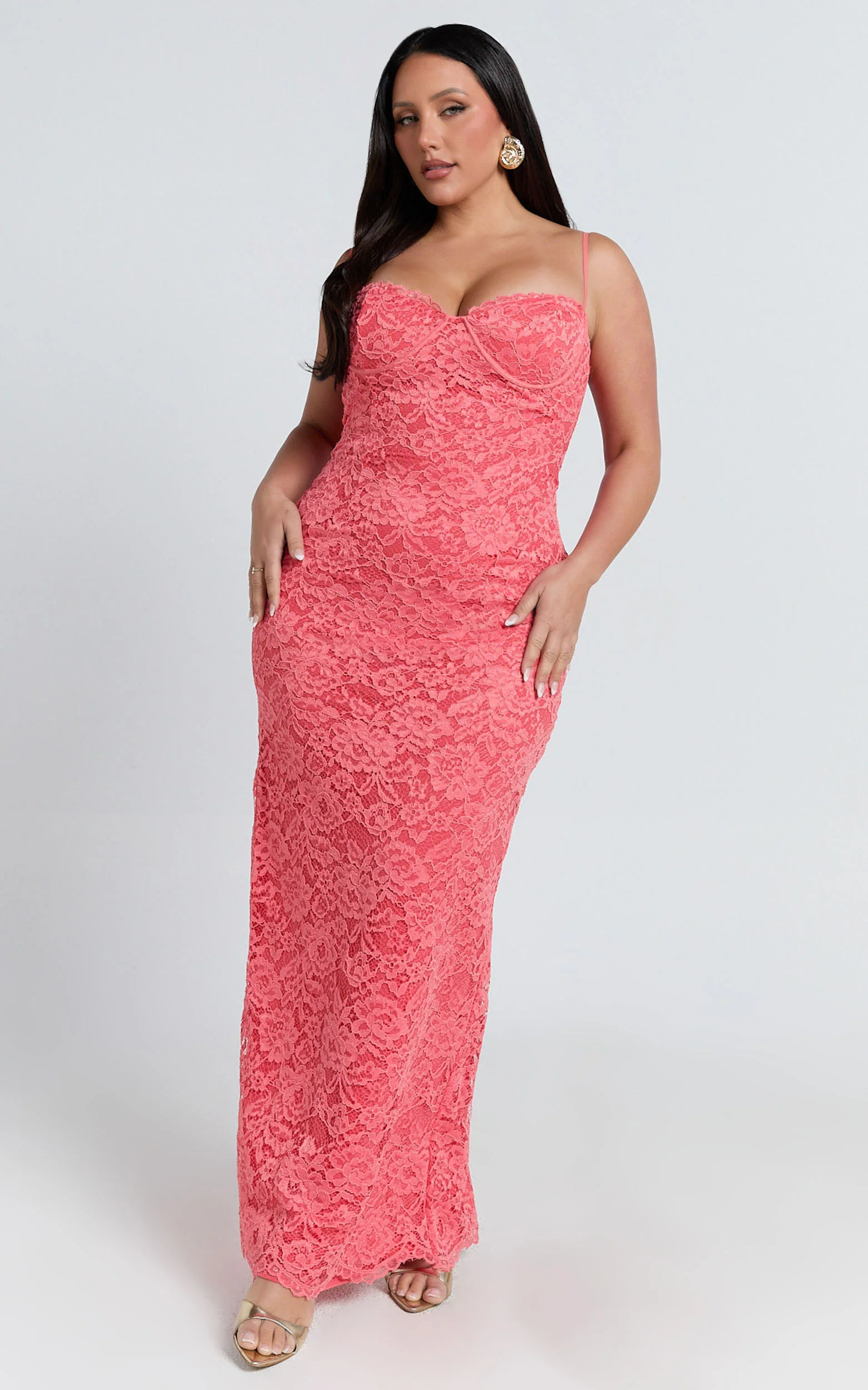 Carli Maxi Dress - Adjustable Strap Corset Bodycon Lace Dress in Watermelon - Image 2