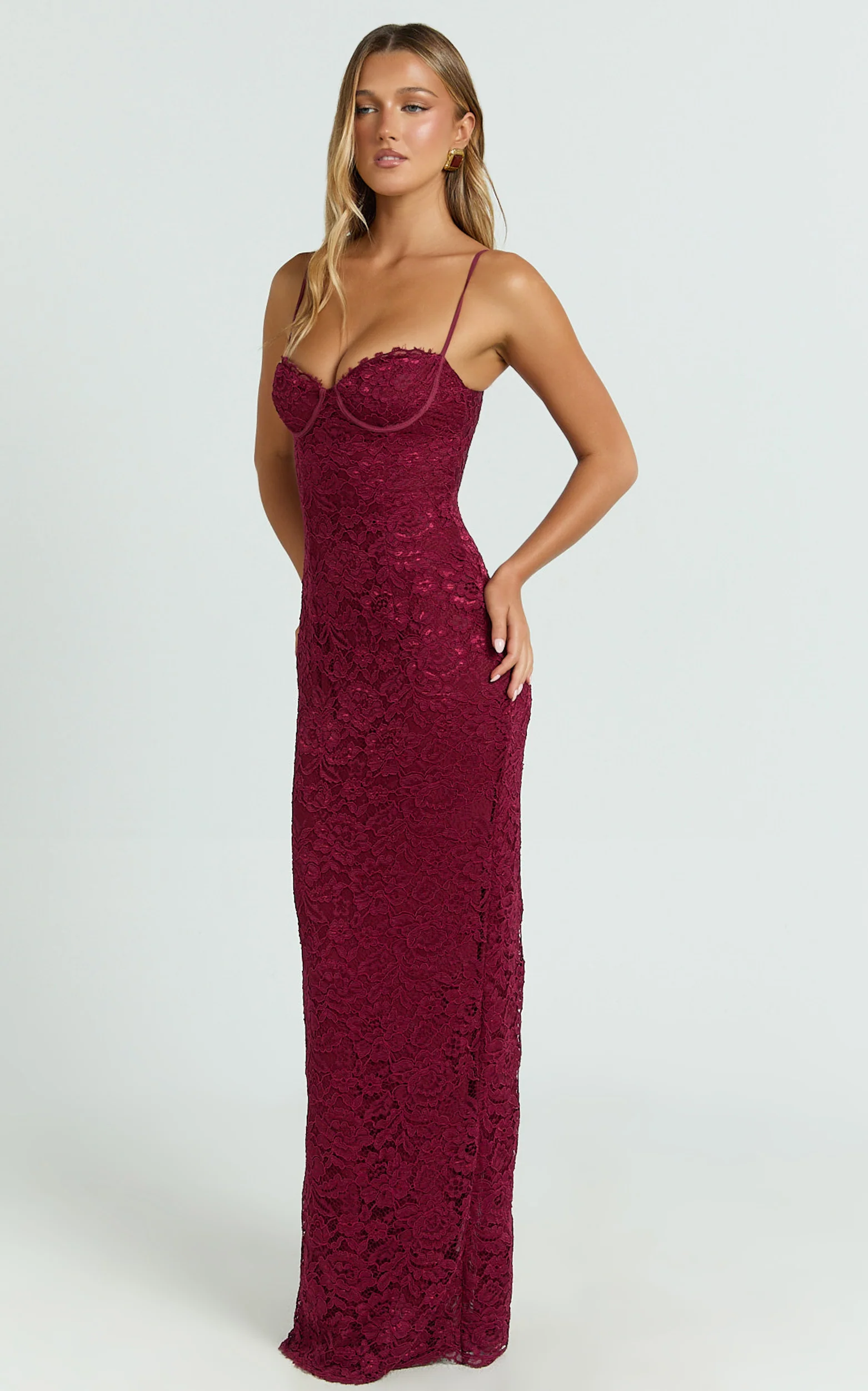 Carli Maxi Dress - Adjustable Strap Corset Bodycon Lace Dress in Wine - Image 4