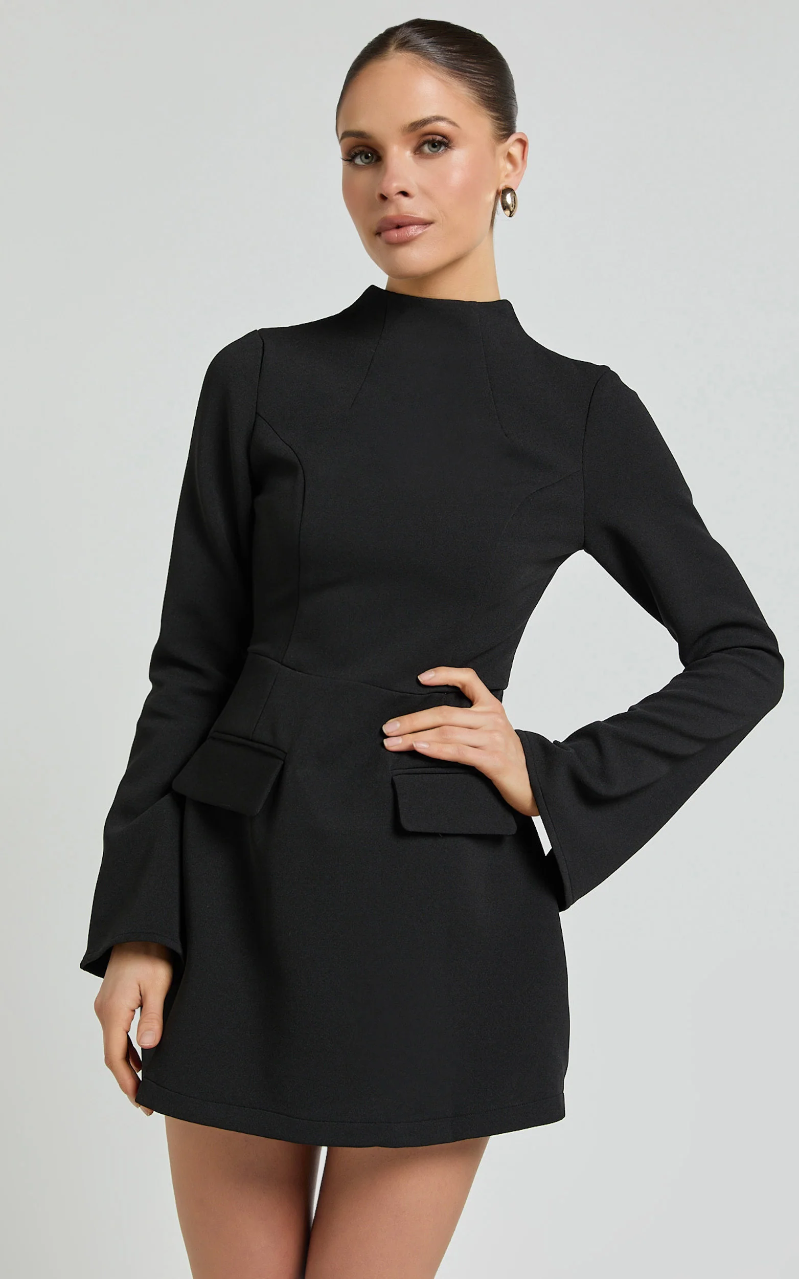 Carlson Mini Dress - High Neck Sleeve Cocoon Skirt Dress in Black - Image 3