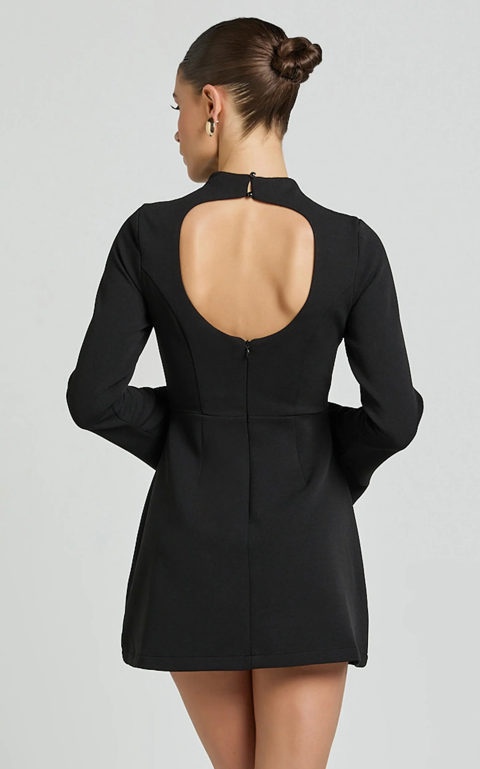 Carlson Mini Dress - High Neck Sleeve Cocoon Skirt Dress in Black - Image 7