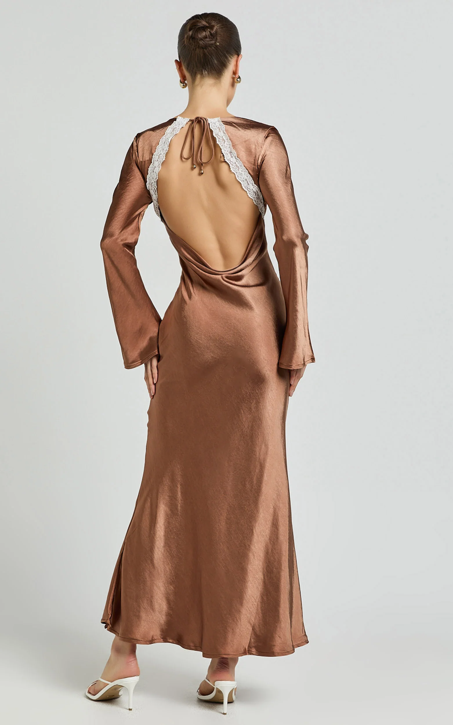 Carmela Midi Dress - Long Sleeve V Neck Lace Detail Dress in Chocolate - Image 6