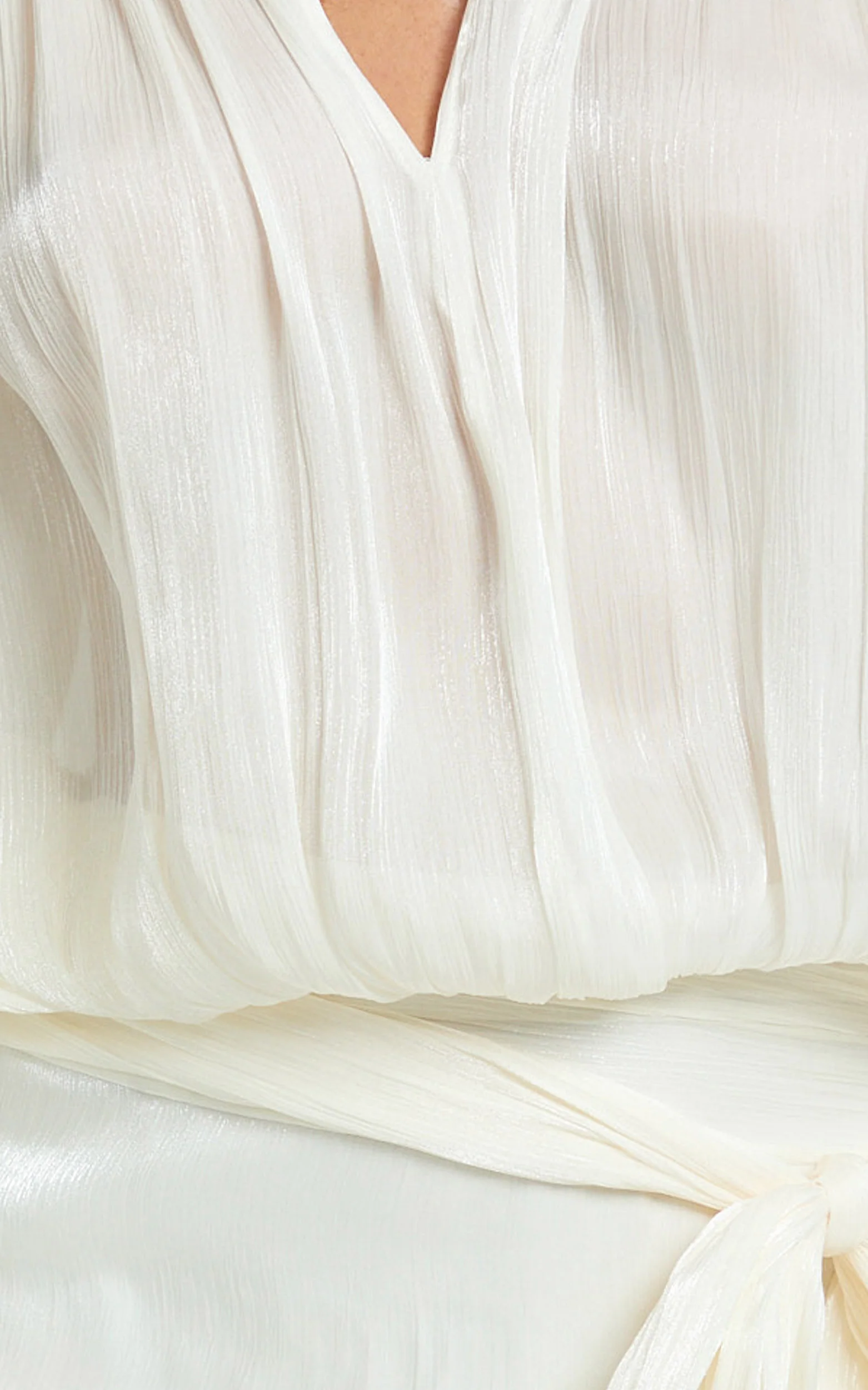 Carmela Mini Dress - Long Sleeve Tie Neck Ruffle Skirt Dress in Off White - Image 6