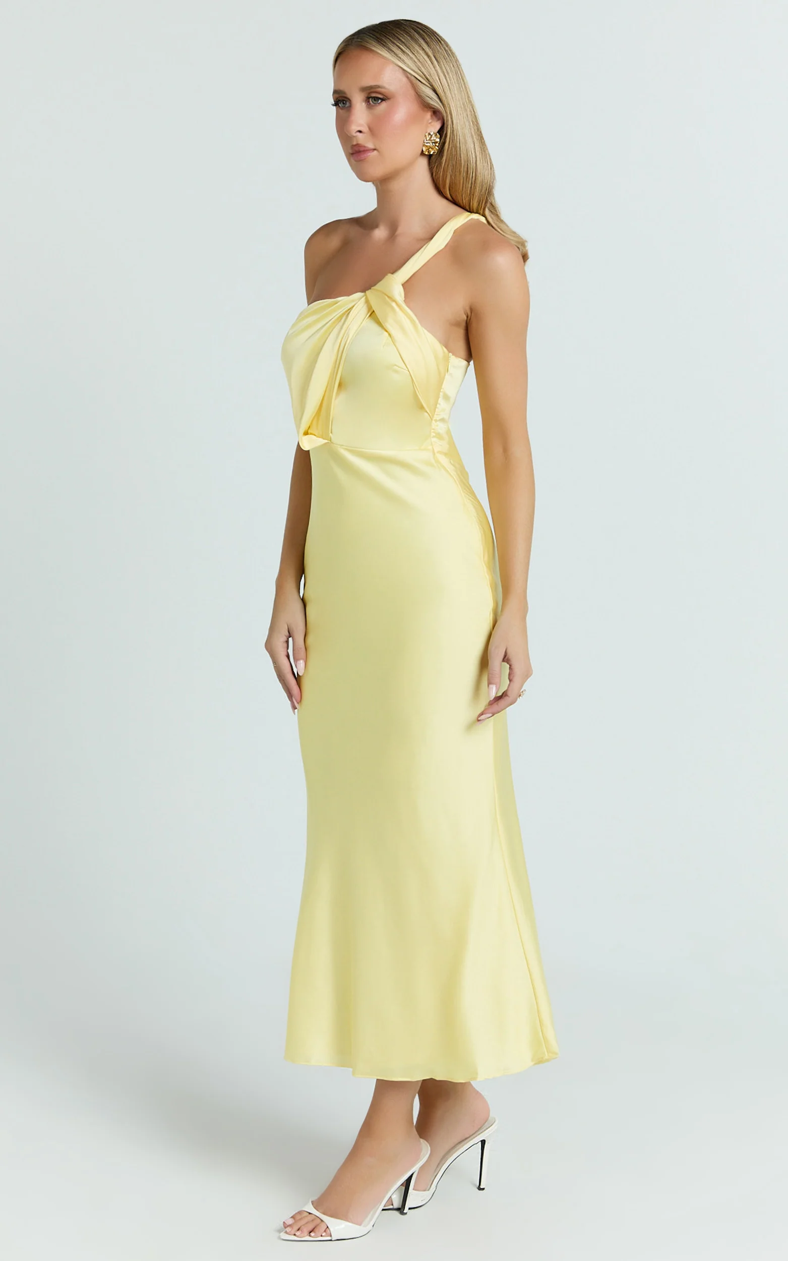 Carmella Midi Dress - One Shoulder Twist Detail Dress in Butter Yellow - Image 2