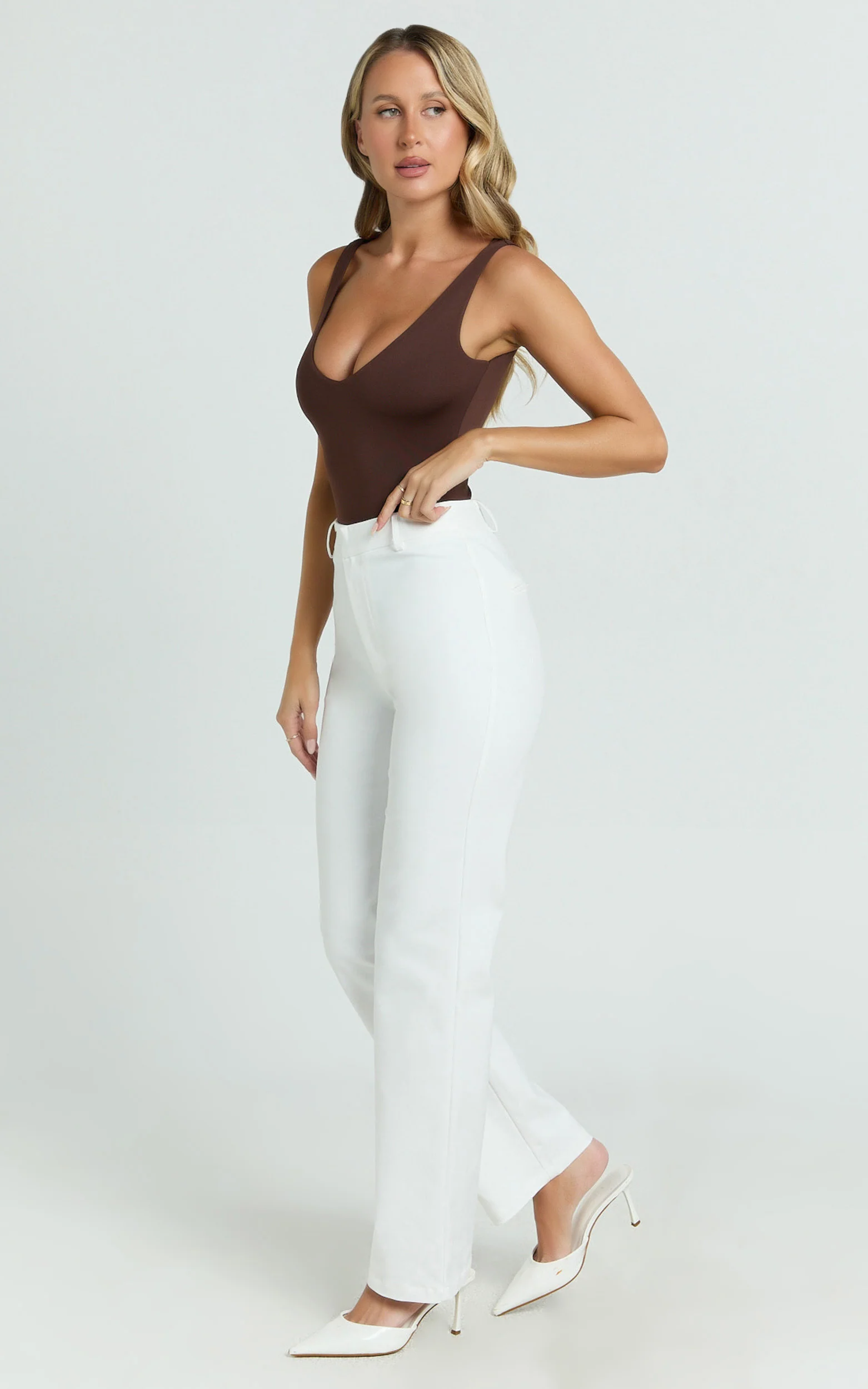 Carolyn Pants - High Waist Slim Straight Leg Tailored Pants in Off White - Image 4