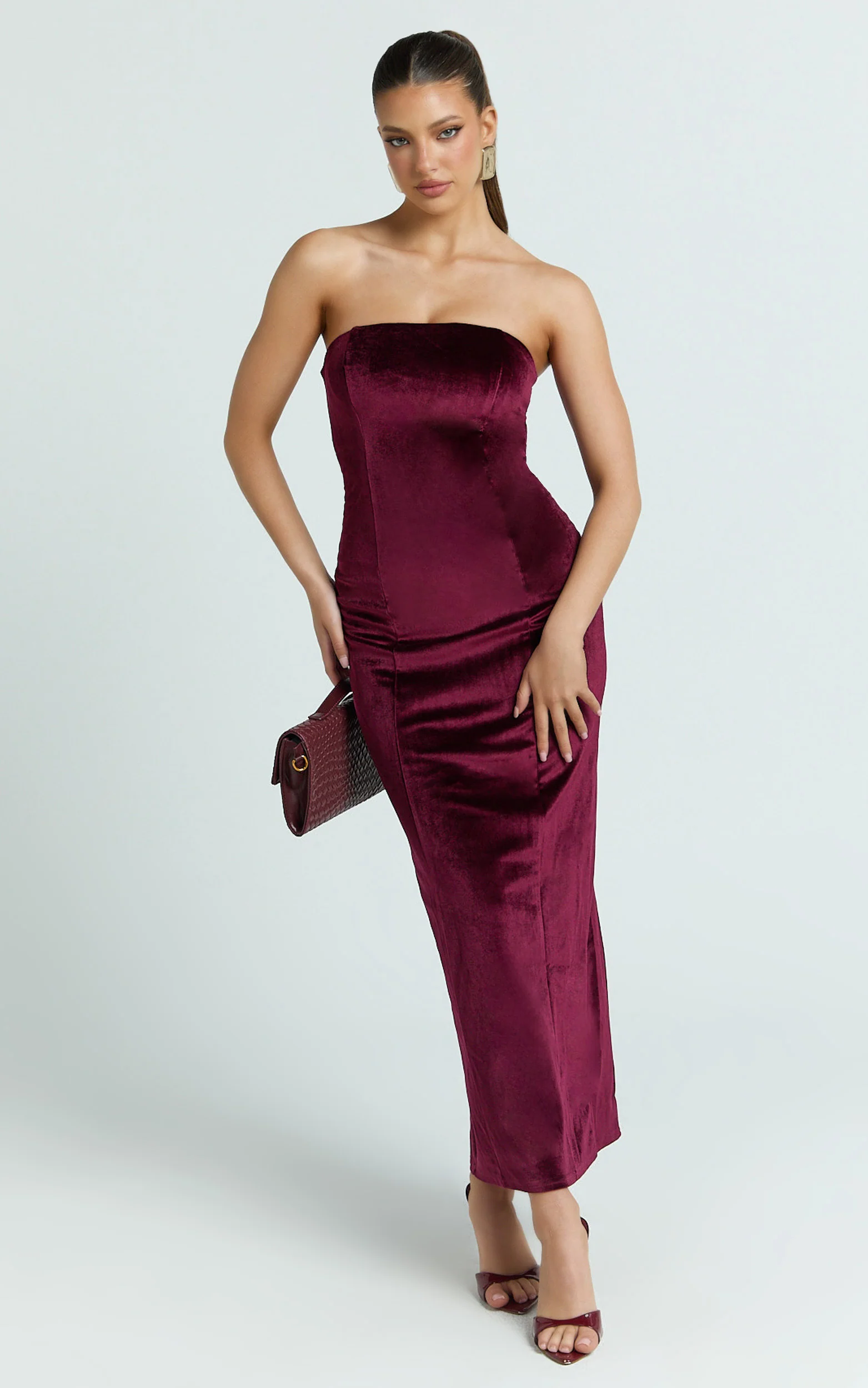 Cartia Midi Dress - Velvet Strapless Bodycon Dress in Wine - Image 4