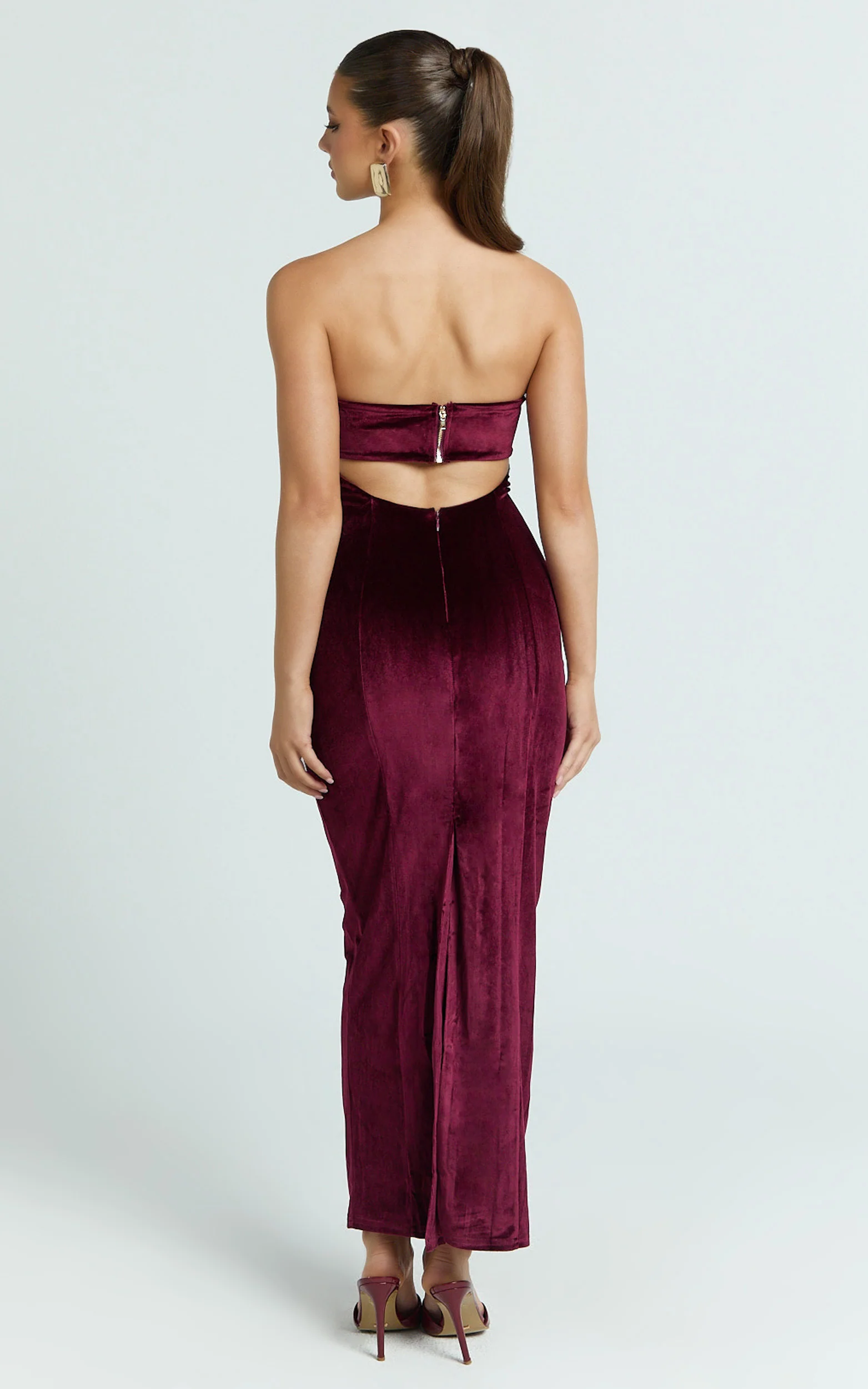 Cartia Midi Dress - Velvet Strapless Bodycon Dress in Wine - Image 5