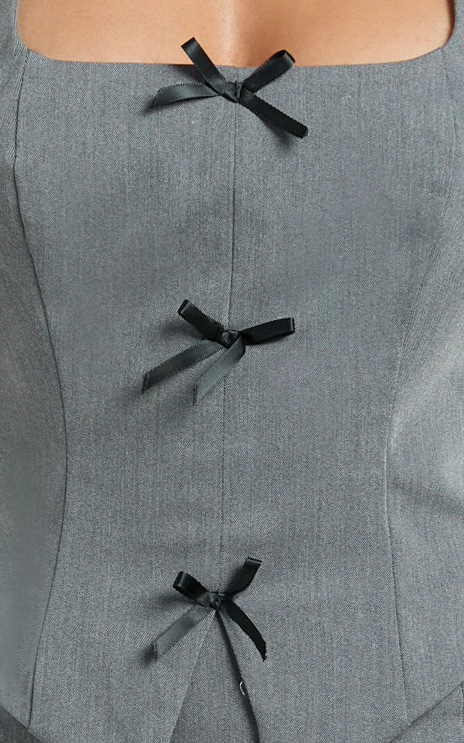 Cartia Two Piece Top and Skirt Set - Bow Front Vest And Fitted Double Leg Split Mini Skirt Set in Grey - Image 7