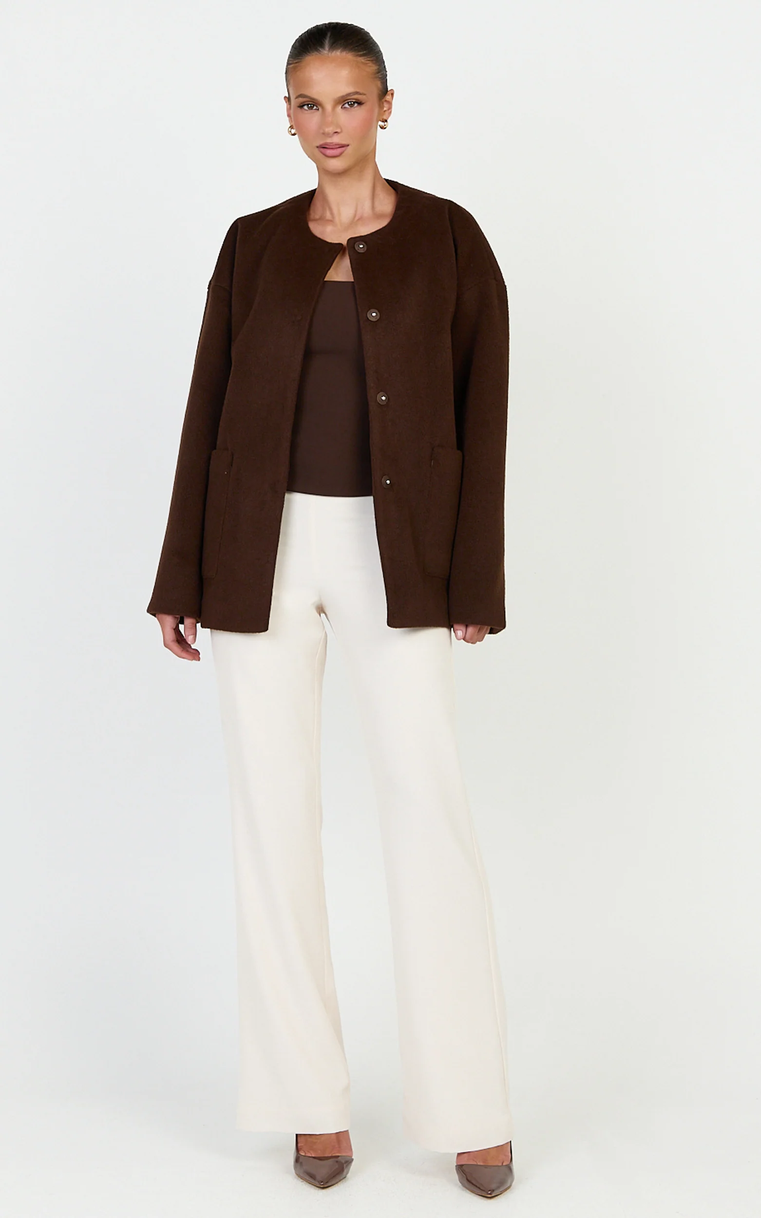 Carys Coat - Oversized Long Sleeve Coat With Neck Scarf in Chocolate - Image 4