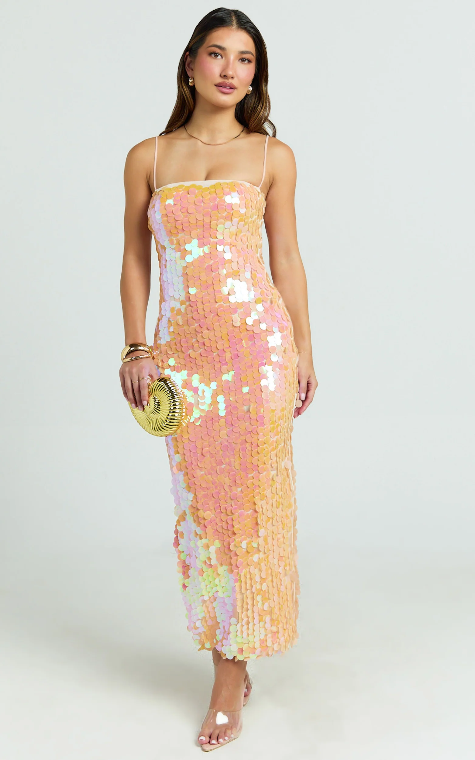 Casey Midi Dress - Square Neck Sequin Bodycon Dress in Peach - Image 4