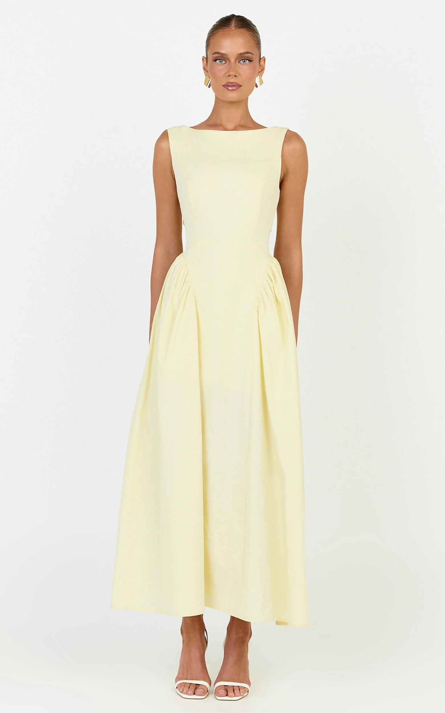 Casina Midi Dress - Boat Neck Tie Back Fit And Flare Dress in Yellow - Image 4