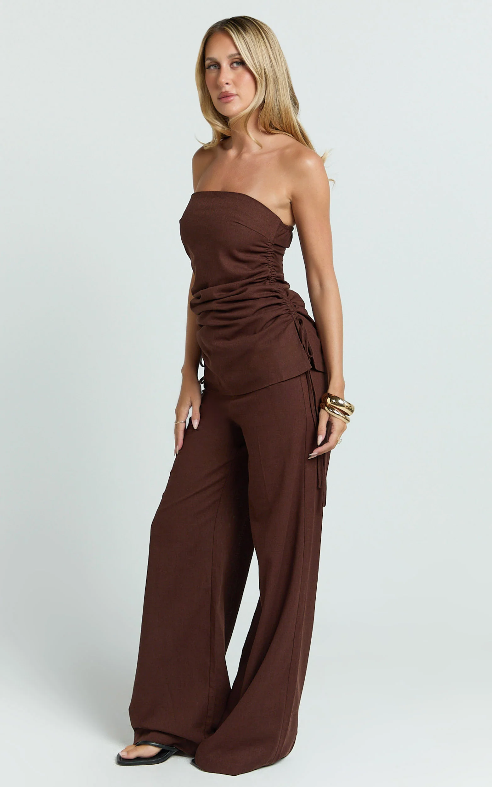 Cassia Two Piece Top and Pants Set - Strapless Top And Pants in Chocolate - Image 2