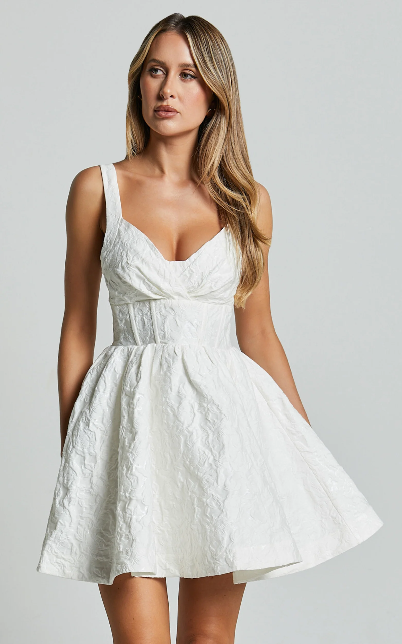 Cate Mini Dress - Sweetheart Pleated Bust Jacquard Mini Dress in White - Image 3