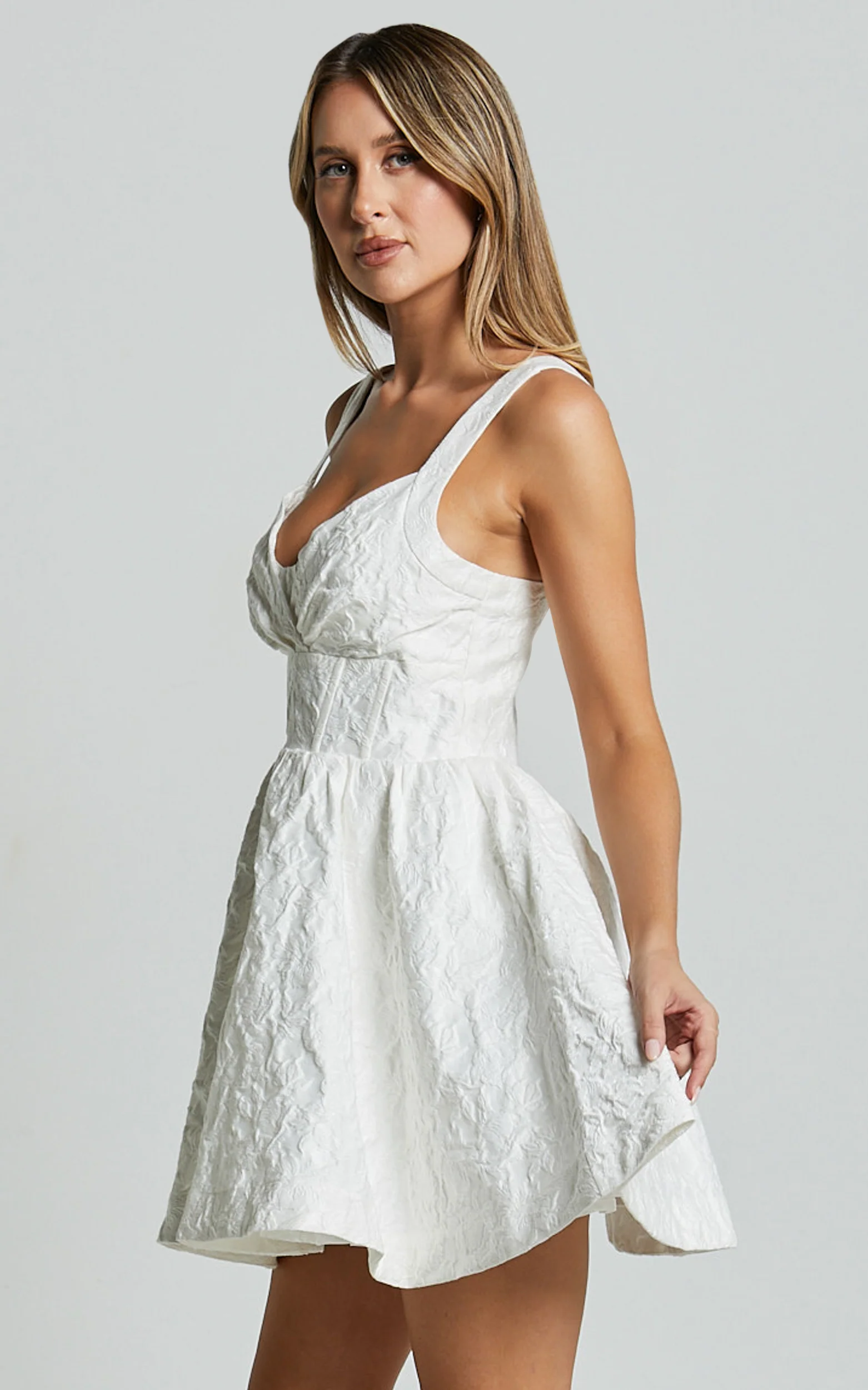 Cate Mini Dress - Sweetheart Pleated Bust Jacquard Mini Dress in White - Image 5