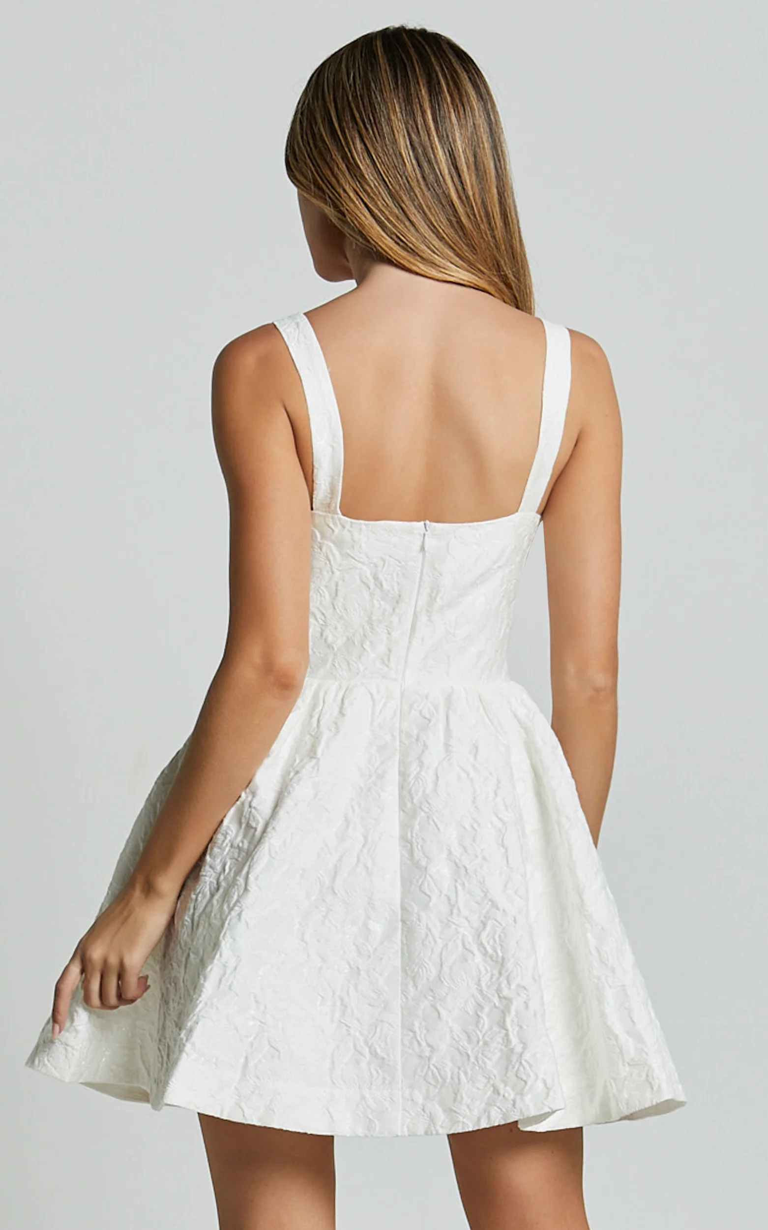 Cate Mini Dress - Sweetheart Pleated Bust Jacquard Mini Dress in White - Image 6