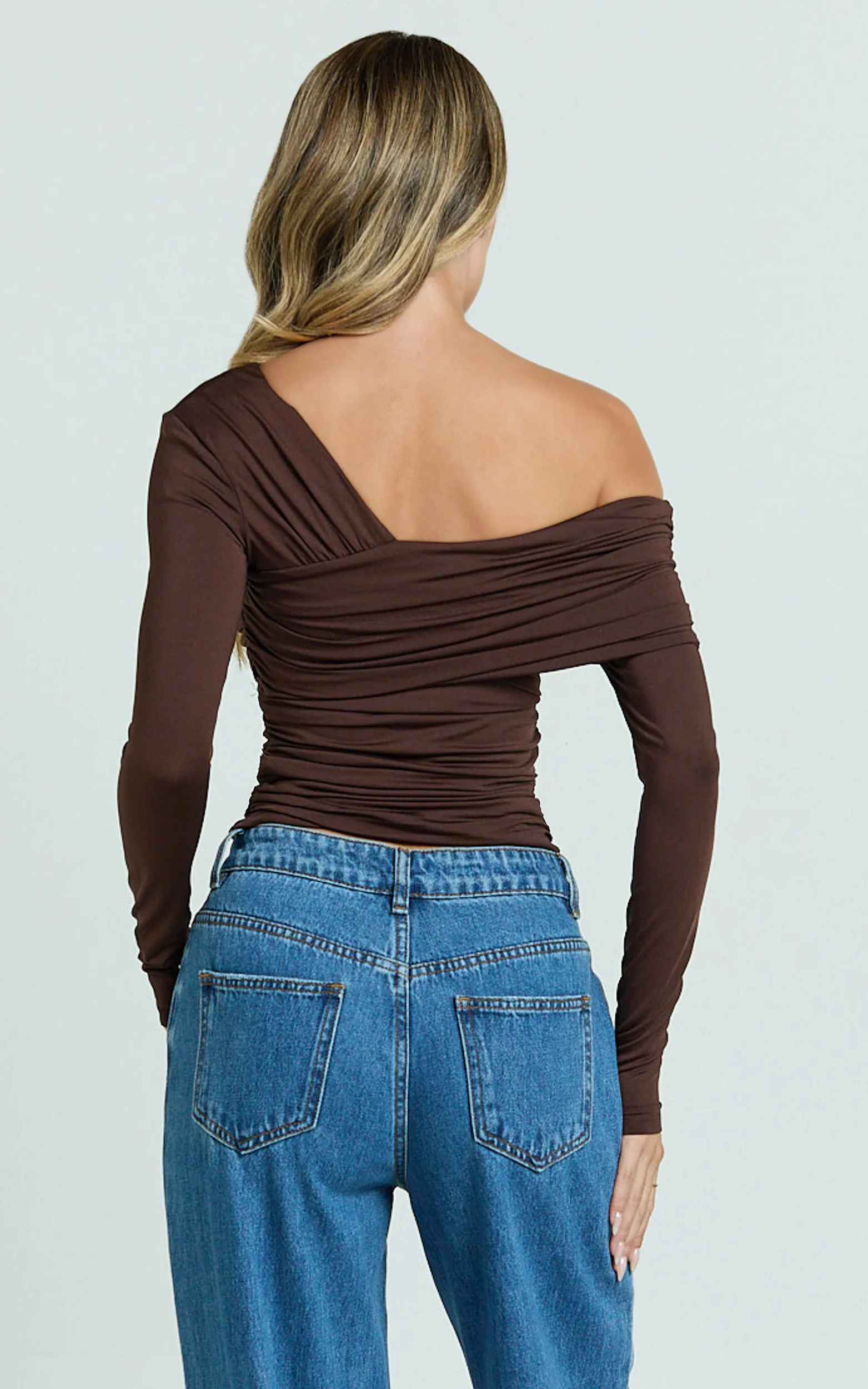Cate Top - Long Sleeve Asymmetrical Neckline Top in Chocolate - Image 6
