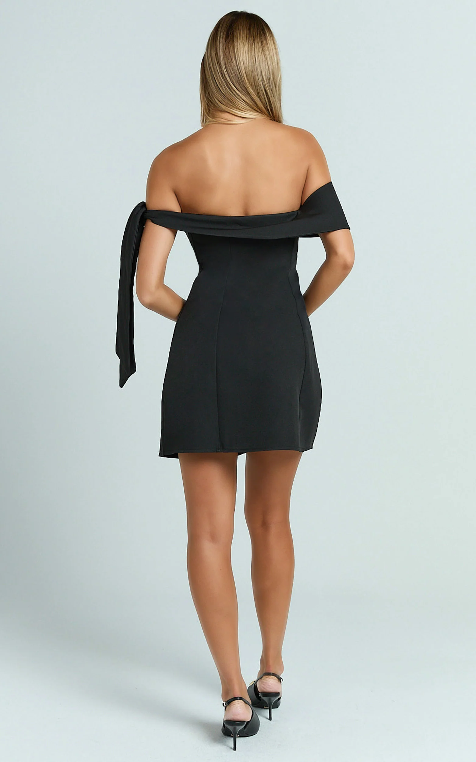 Cecilia Mini Dress - Off Shoulder Tie Detail Dress in Black - Image 5