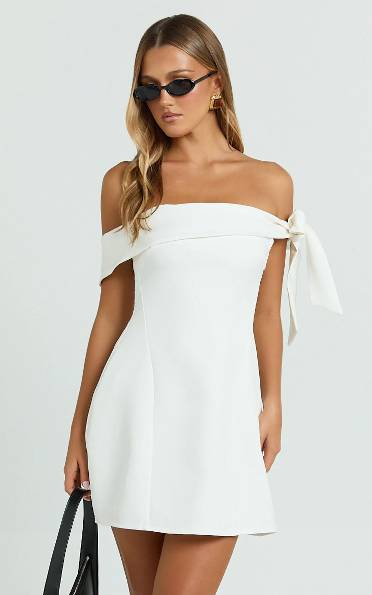 Cecilia Mini Dress - Off Shoulder Tie Detail Dress in White - Image 5