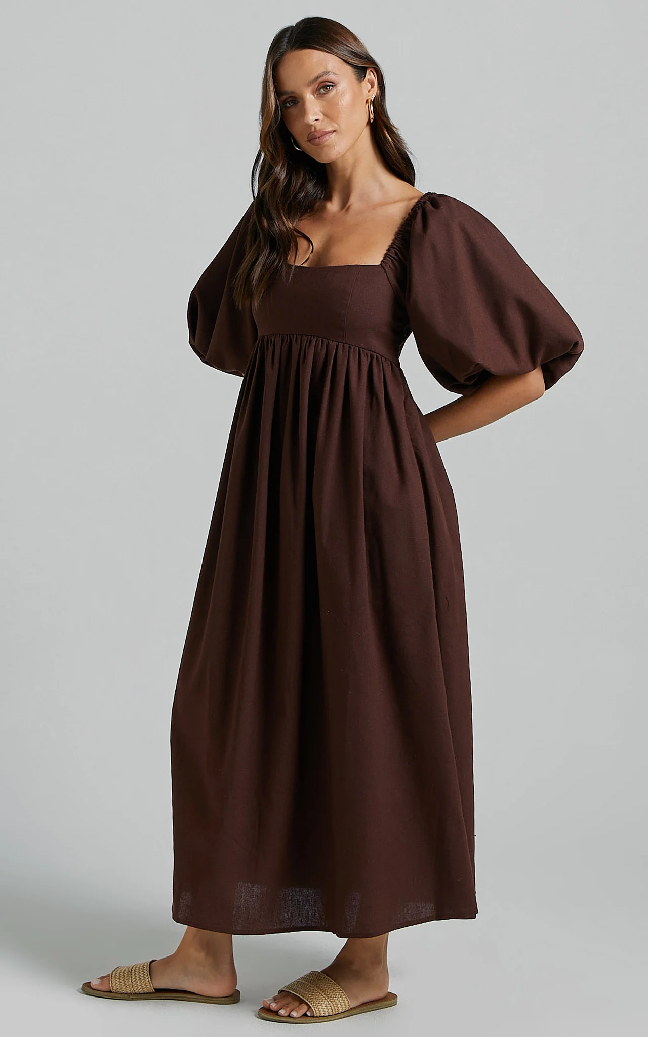 Cenia Midi Dress - Linen Straight Neck Shirred Back Puff Sleeve Dress in Dark Oak - Image 9