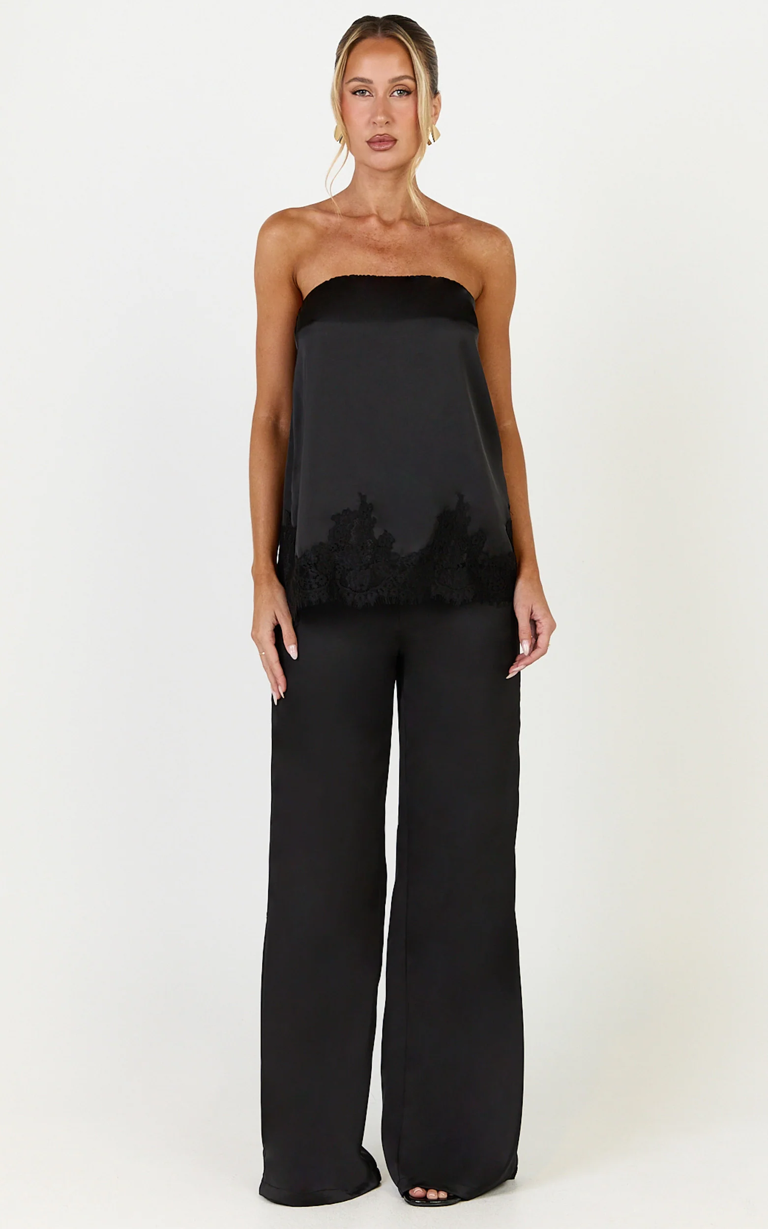 Chantelle Top and Pants Set - Satin Strapless Top With Lace Hem Pants Set in Black - Image 3