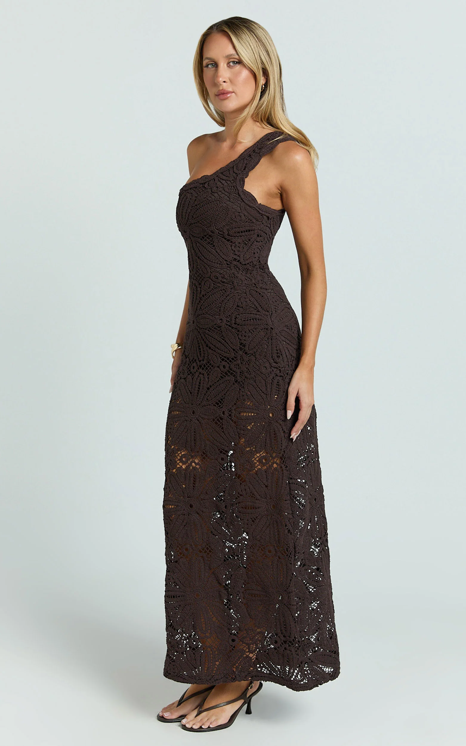 Charlene Maxi Dress - Crochet Knitted One Shoulder Maxi Dress in Chocolate - Image 4
