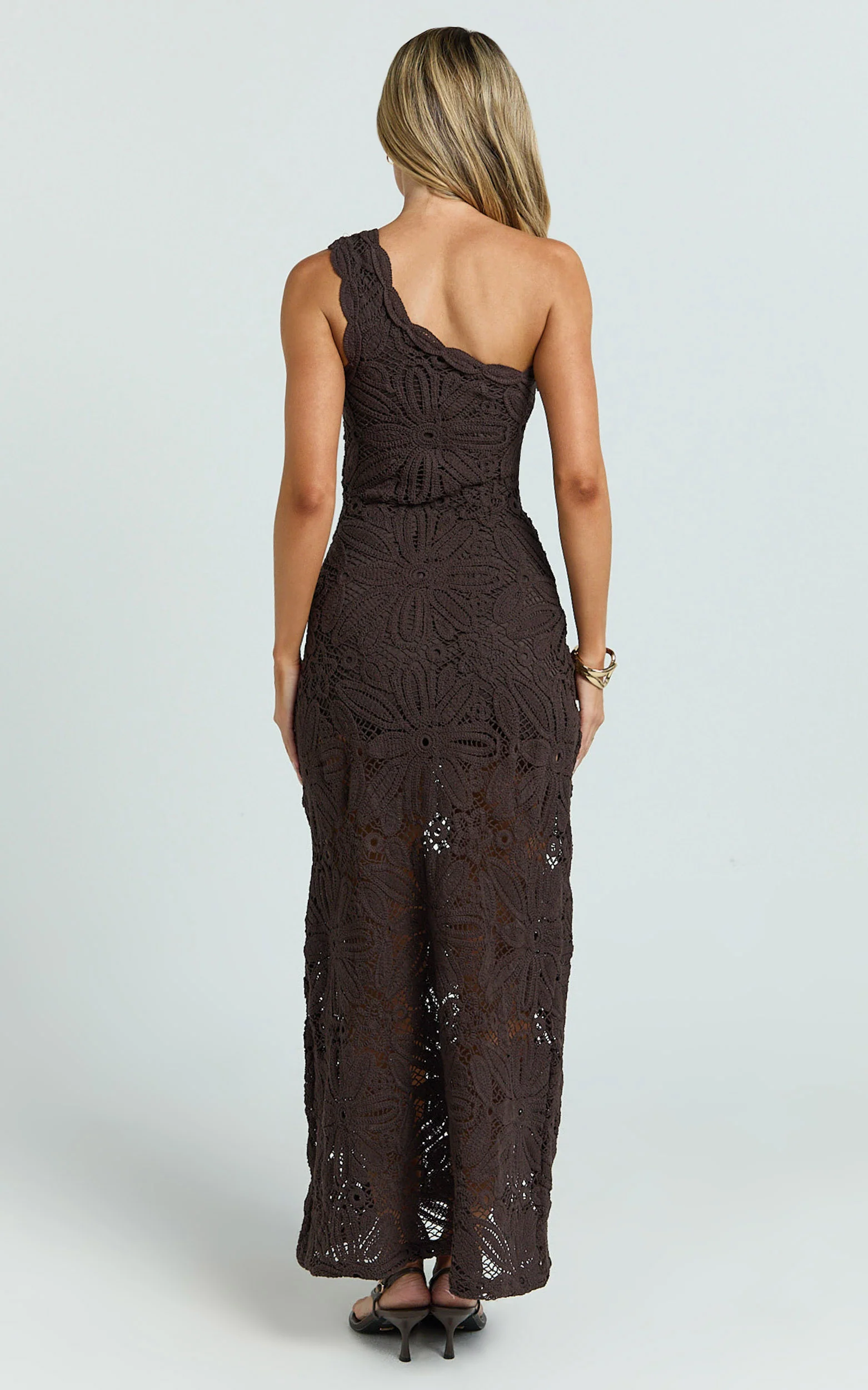 Charlene Maxi Dress - Crochet Knitted One Shoulder Maxi Dress in Chocolate - Image 5