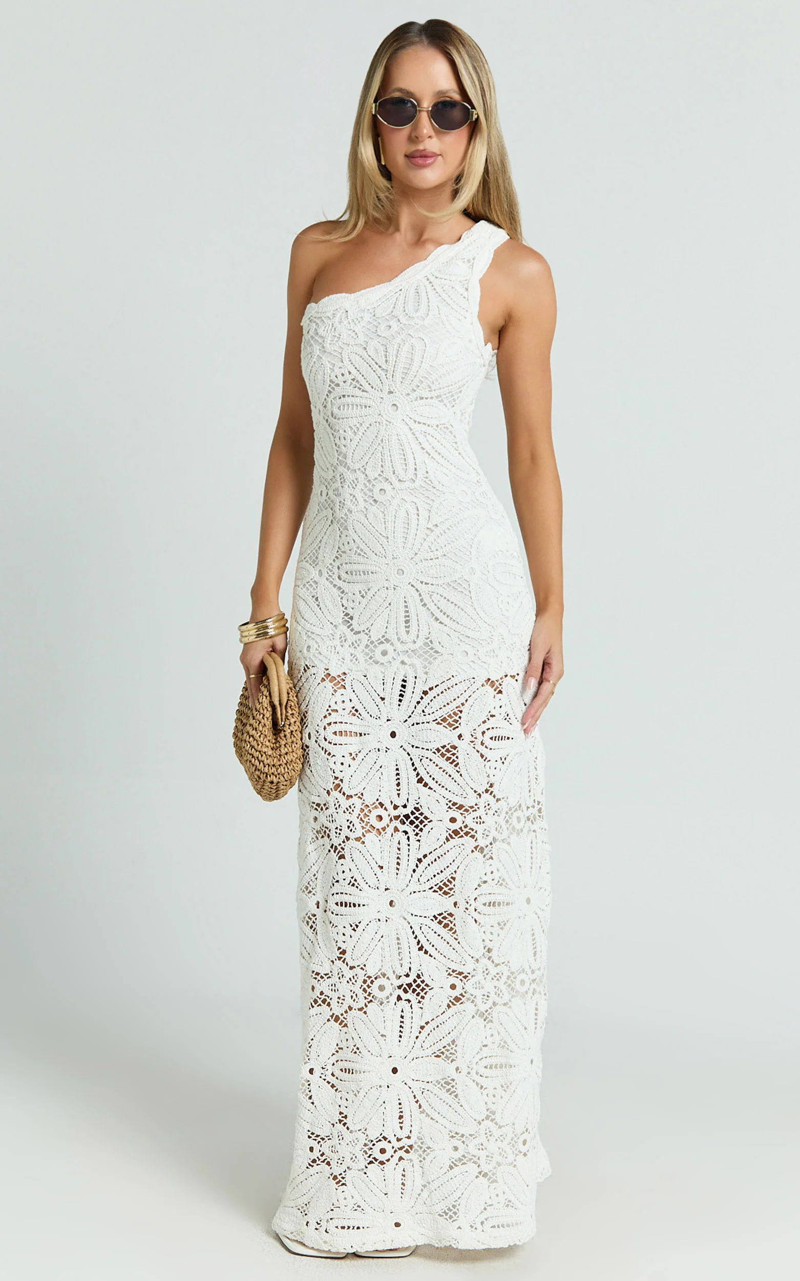 Charlene Maxi Dress - Crochet Knitted One Shoulder Maxi Dress in White - Image 5