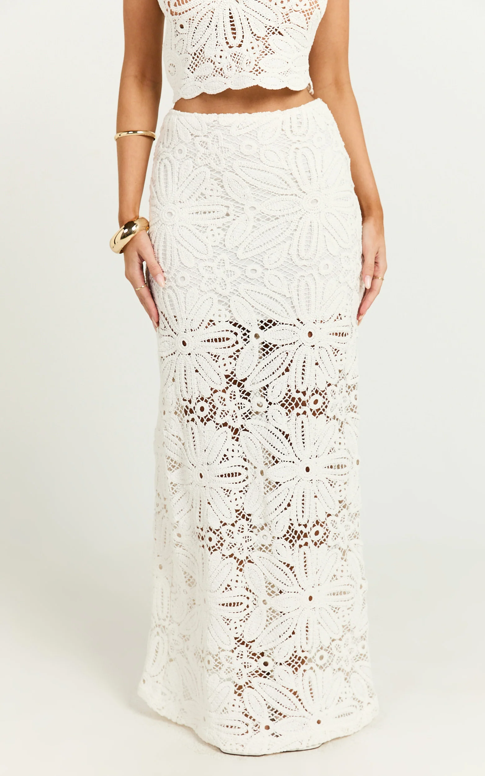 Charlene Maxi Skirt - Crochet Fit And Flare Skirt in White - Image 4