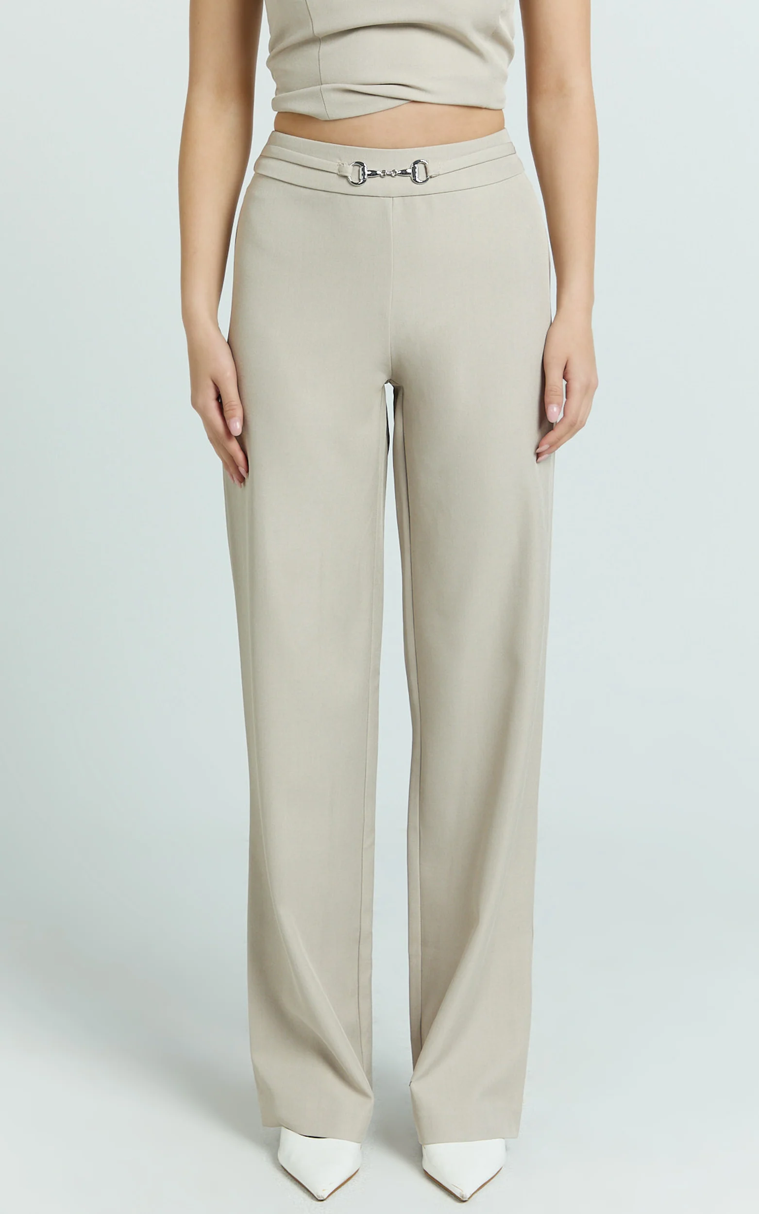 Charlize Pants - Stretch Slim Leg Front Buckle Pants in Stone - Image 2