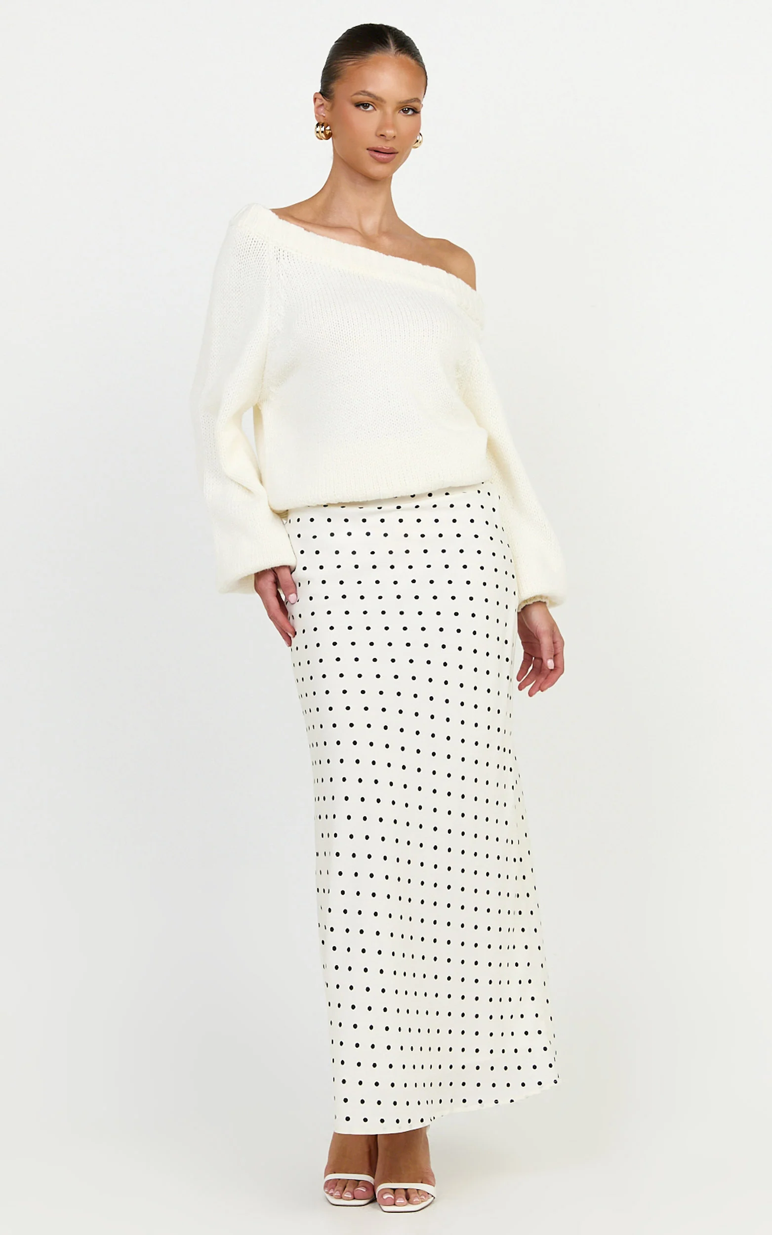 Charlotte Maxi Skirt - Polka Dot Skirt in White & Black Polka Dots - Image 4