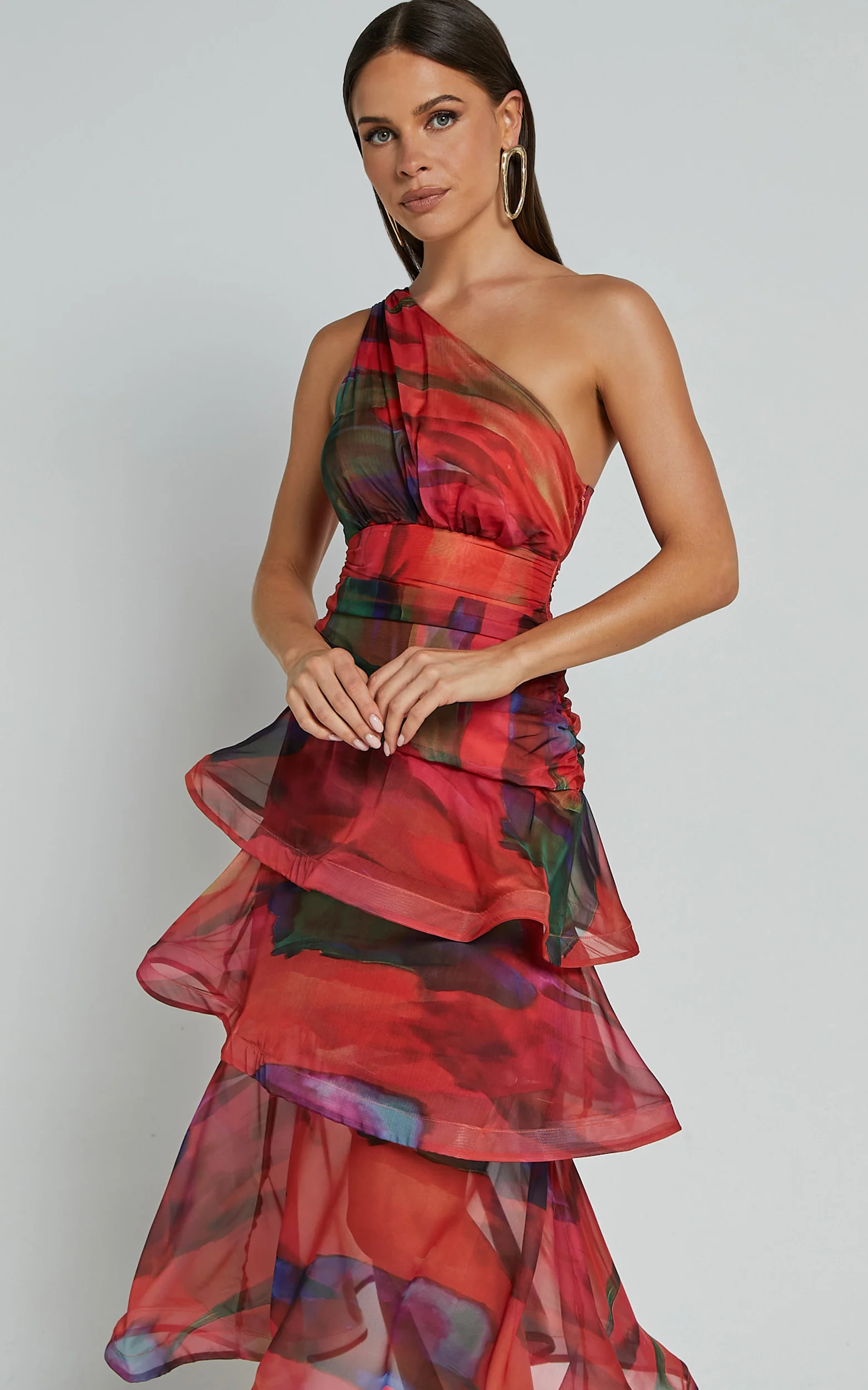 Chelsea Midi Dress - One Shoulder Tie Strap Layered Dress in Print - Image 2
