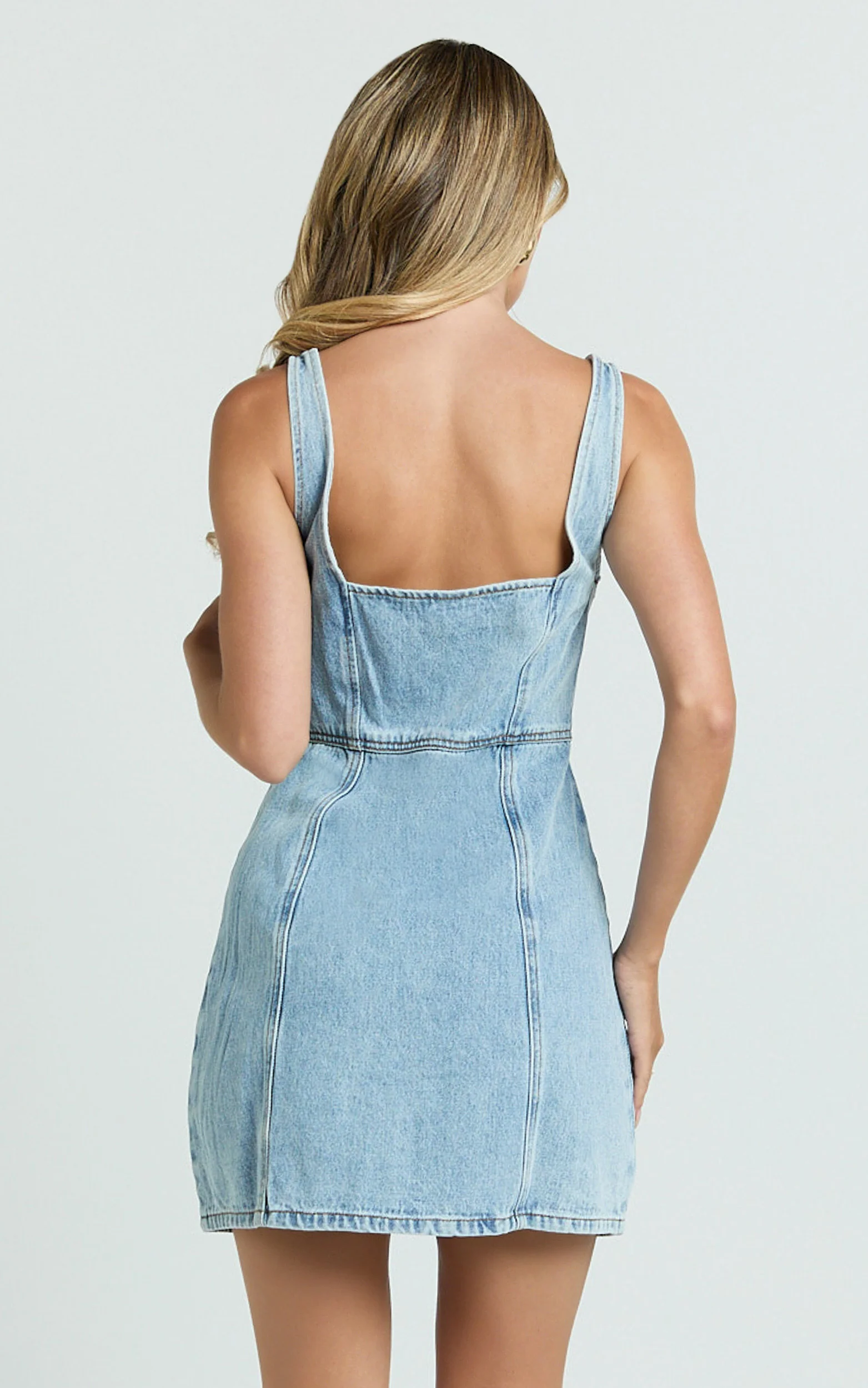 Chrysoula Mini Dress - Square Neck Zip Front Sleeveless Bodycon Denim in Light Blue Wash - Image 6