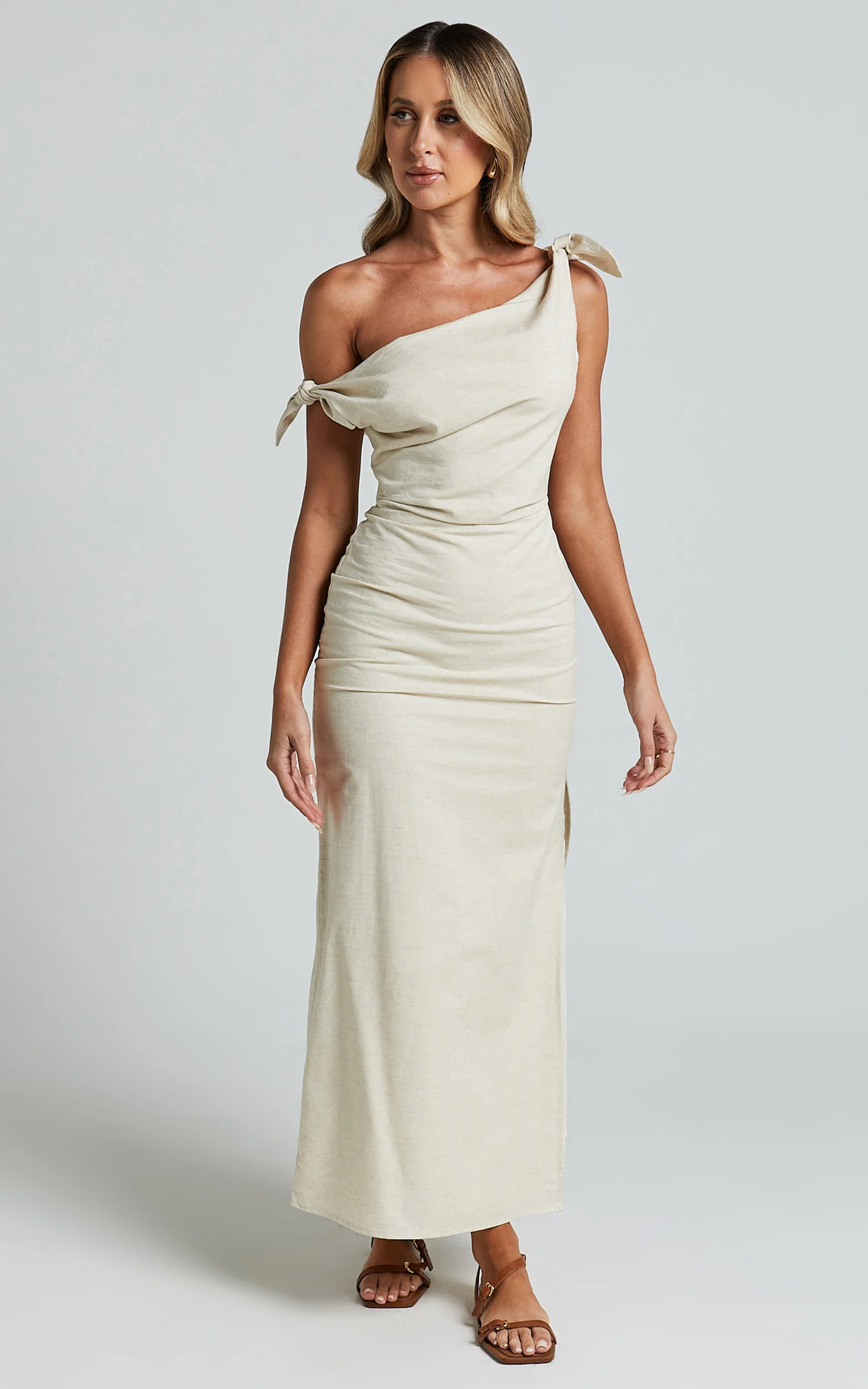 Cincinnati Midi Dress - Off The Shoulder Side Split Column Linen Dress in Beige - Image 3