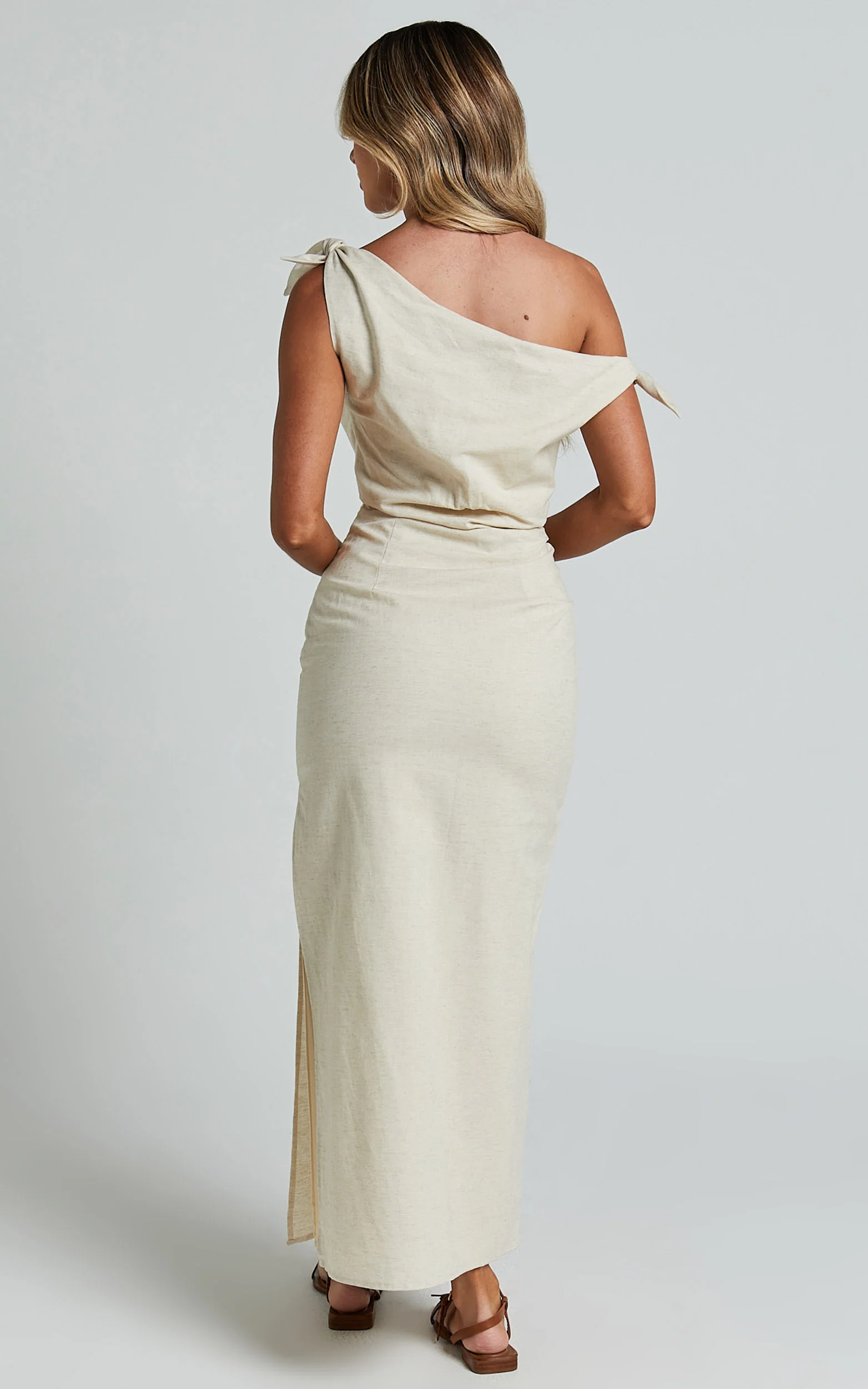 Cincinnati Midi Dress - Off The Shoulder Side Split Column Linen Dress in Beige - Image 7