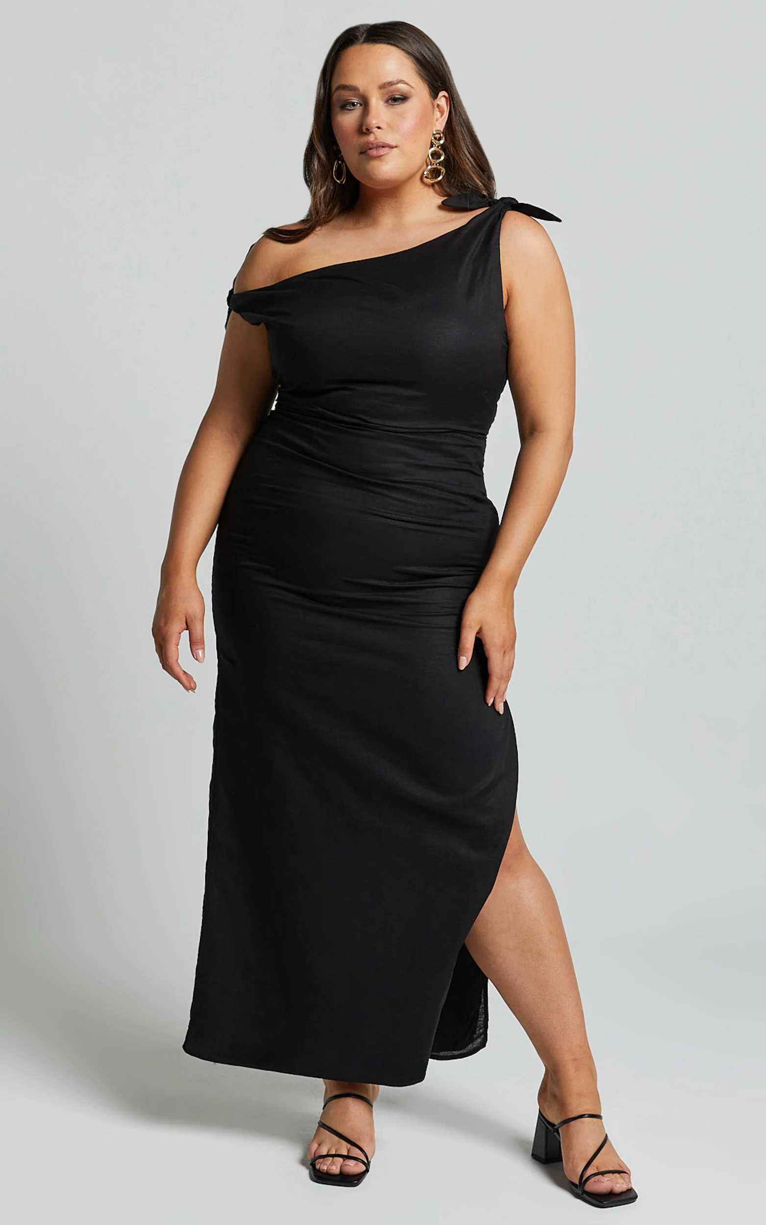 Cincinnati Midi Dress - Off The Shoulder Side Split Column Linen Dress in Black - Image 3