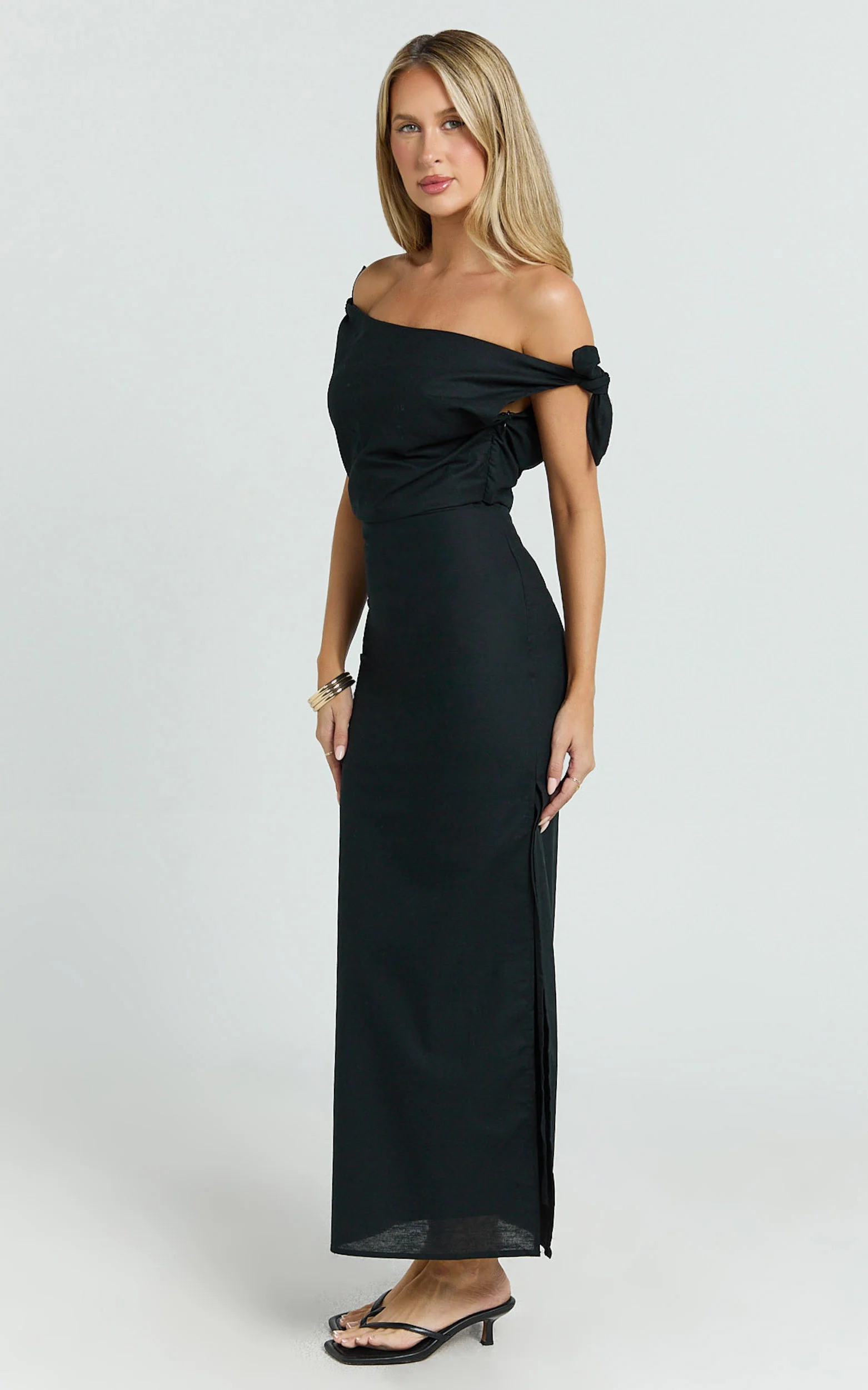 Cincinnati Midi Dress - Off The Shoulder Side Split Column Linen Dress in Black - Image 5