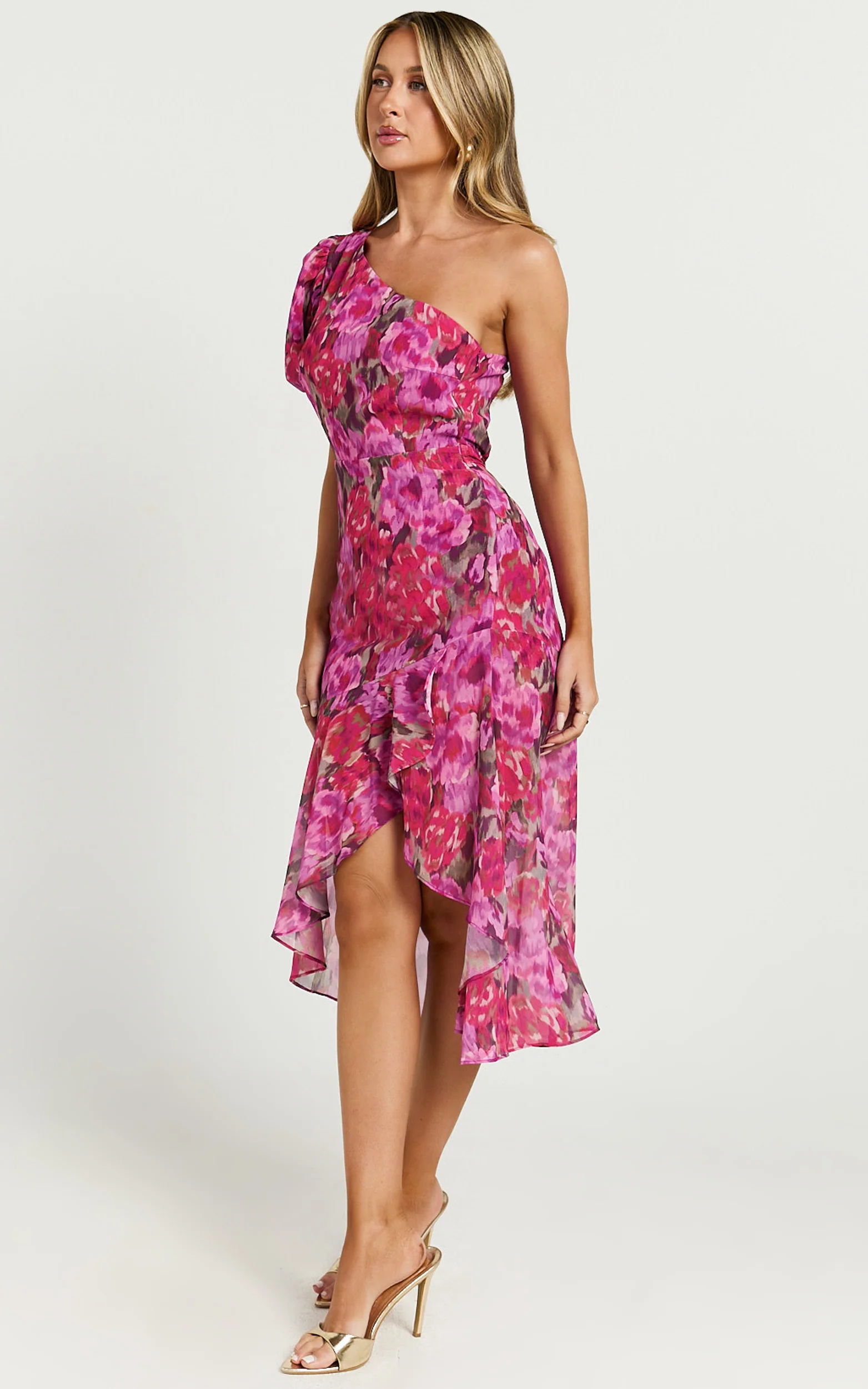Clabelle Midi Dress - One Shoulder Ruffle Tulip Hem Dress in Violette Blur Floral - Image 7
