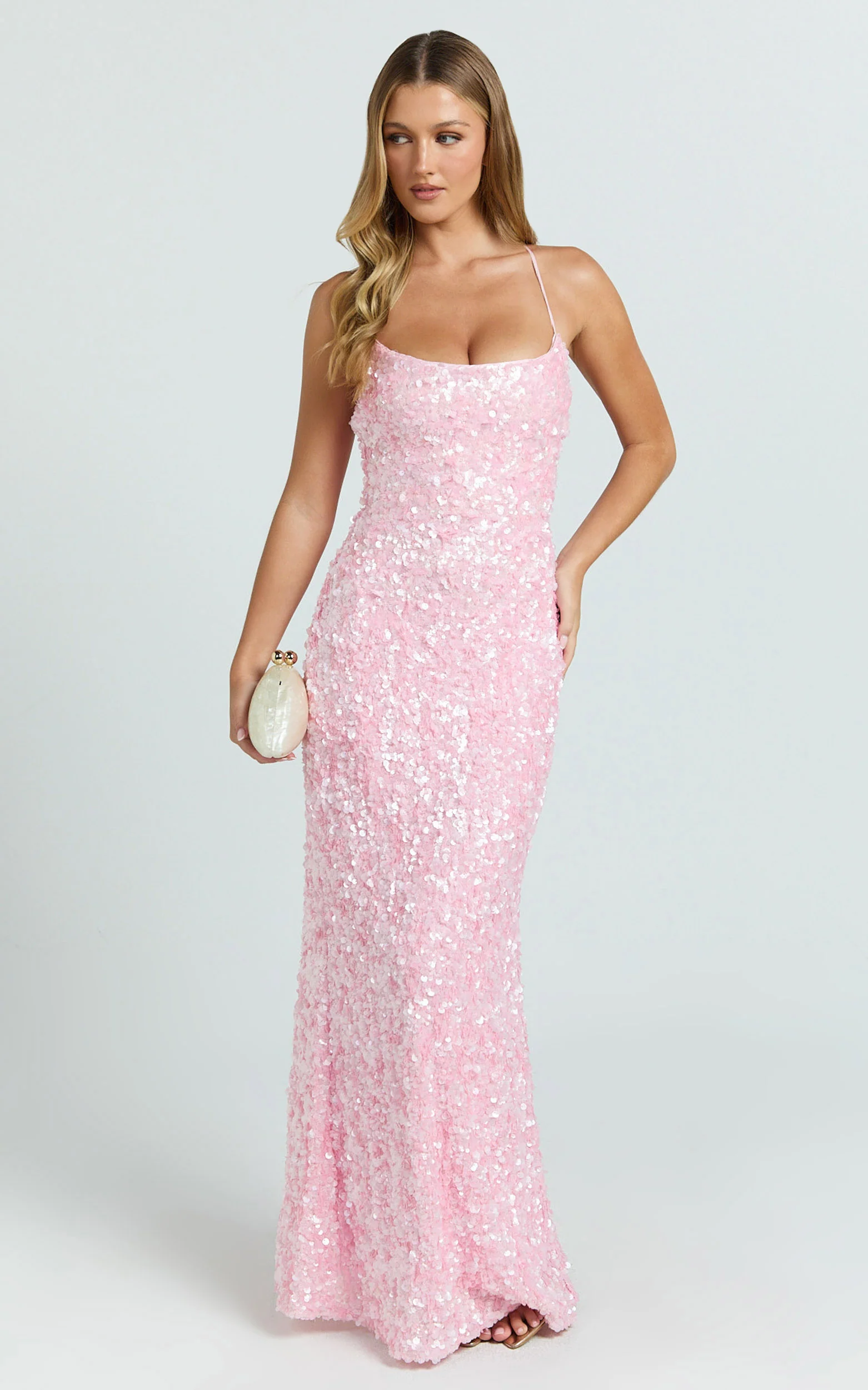 Clara Maxi Dress - Scoop Neck Tie Back Fitted Sequin Dress in Pink - Image 4